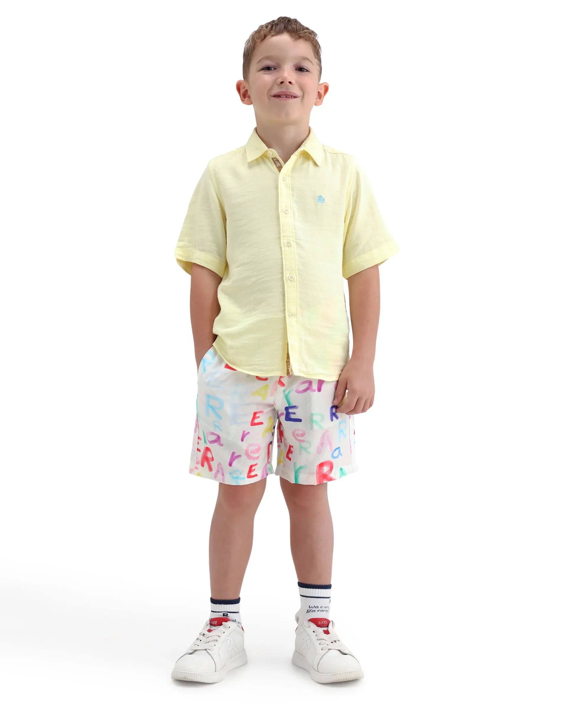 Rare Ones Kids Cron-B Off White Viscose Blend Button Closure Regular Fit Shorts