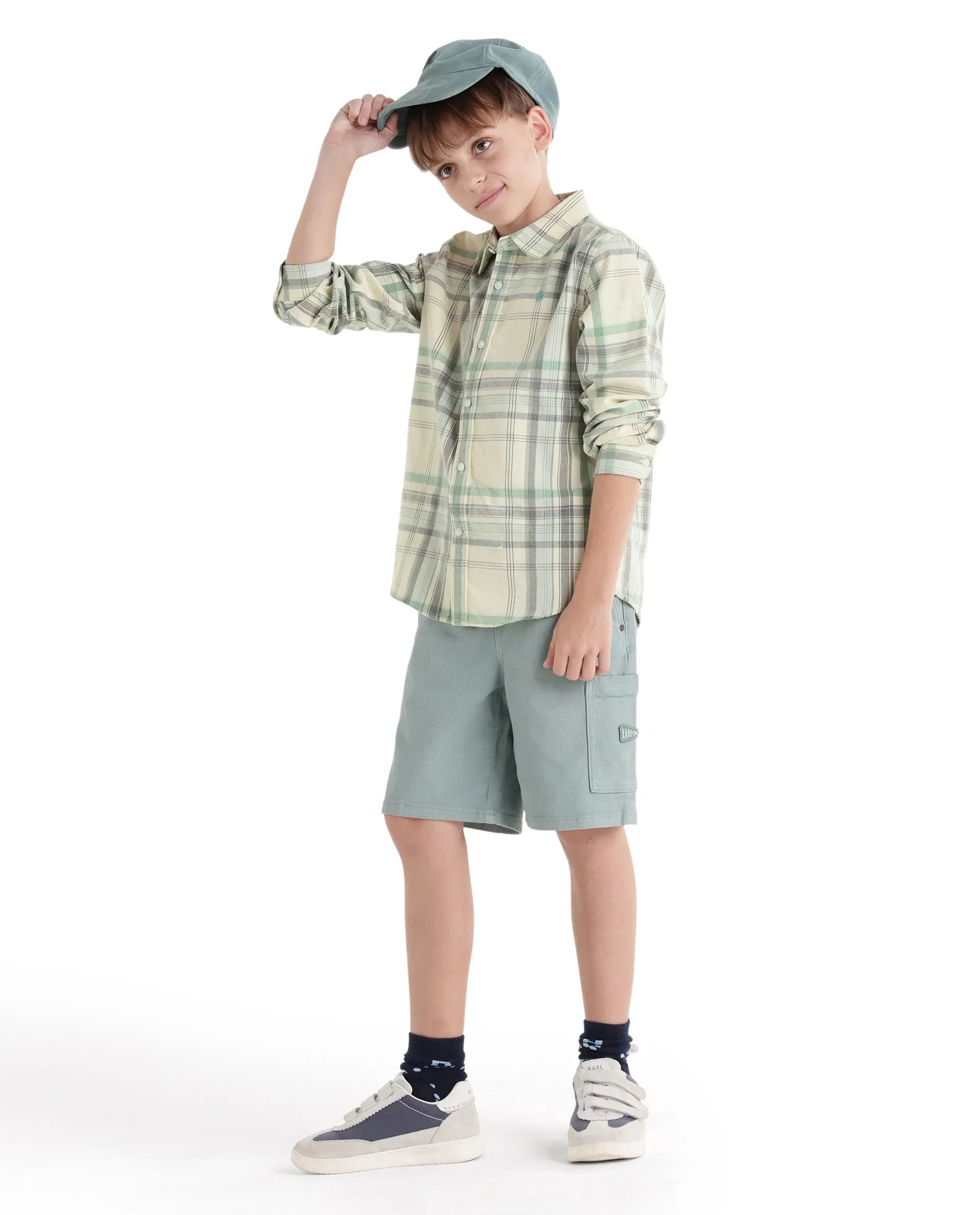 Rare Ones Kids Throo Light Green Cotton Blend Fabric Button Closure Regular Fit Shirt