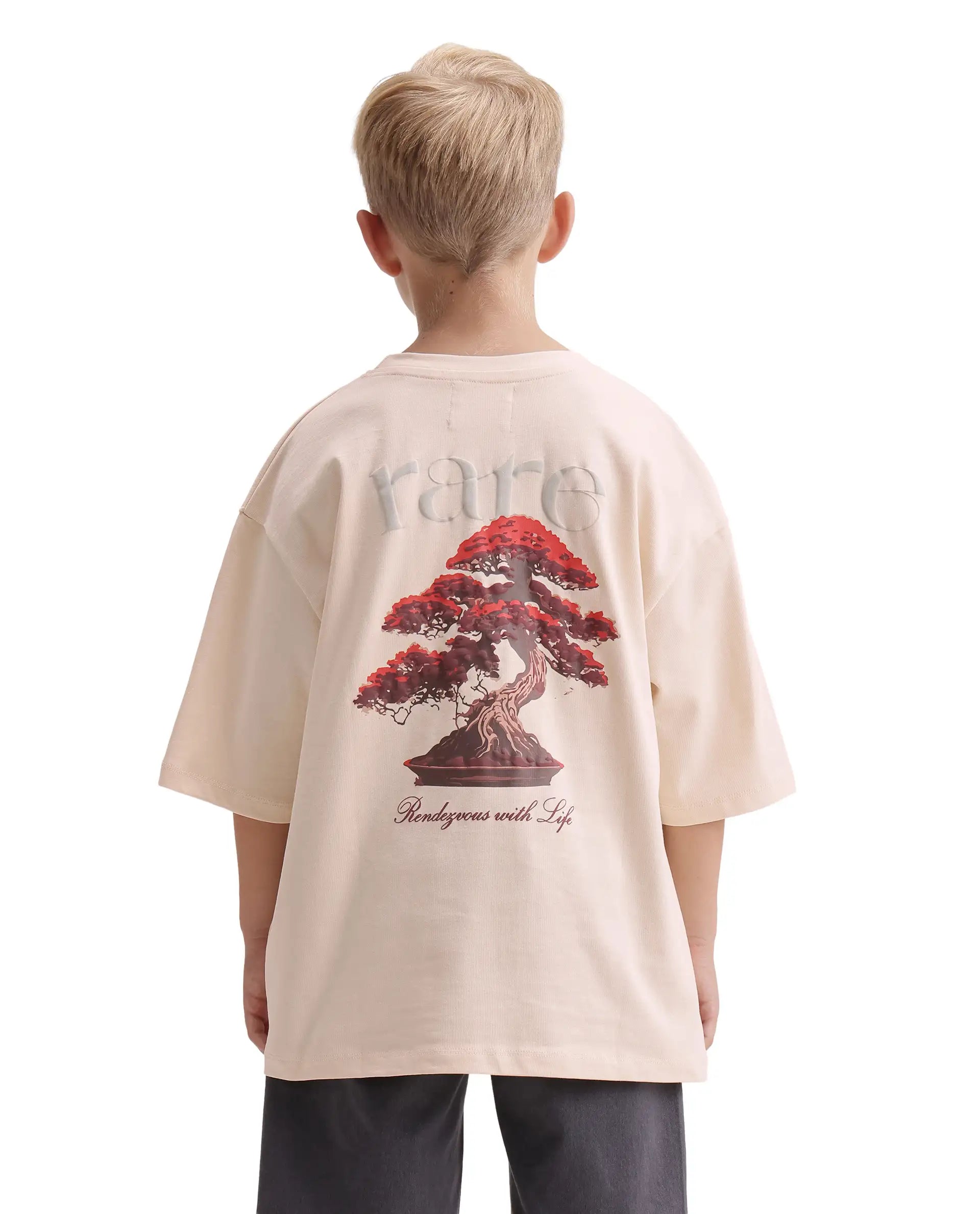 Rare Ones Kids Bonz Light Beige Cotton Fabric Pull-On Closure Oversized Fit T-Shirt
