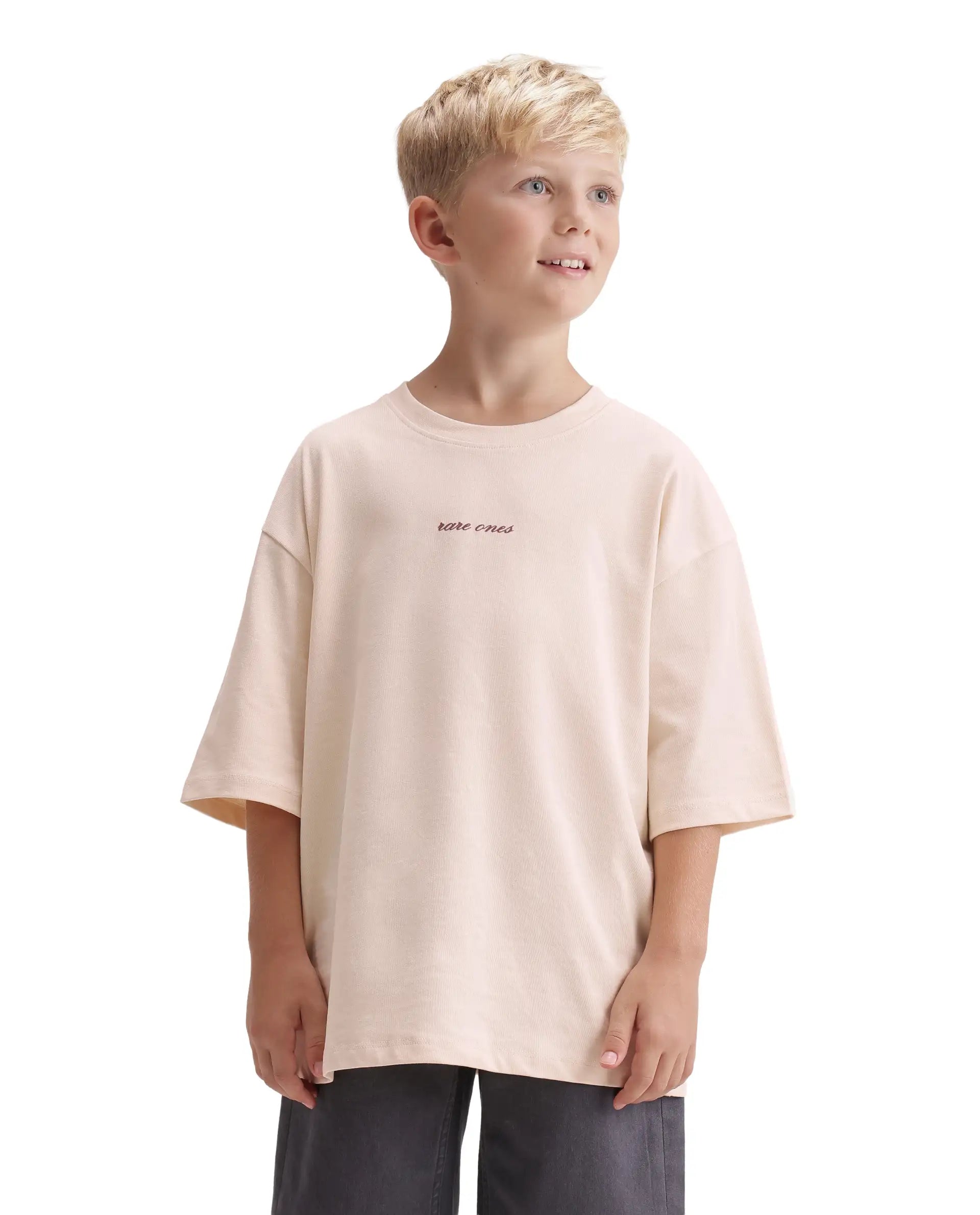 Rare Ones Kids Bonz Light Beige Cotton Fabric Pull-On Closure Oversized Fit T-Shirt