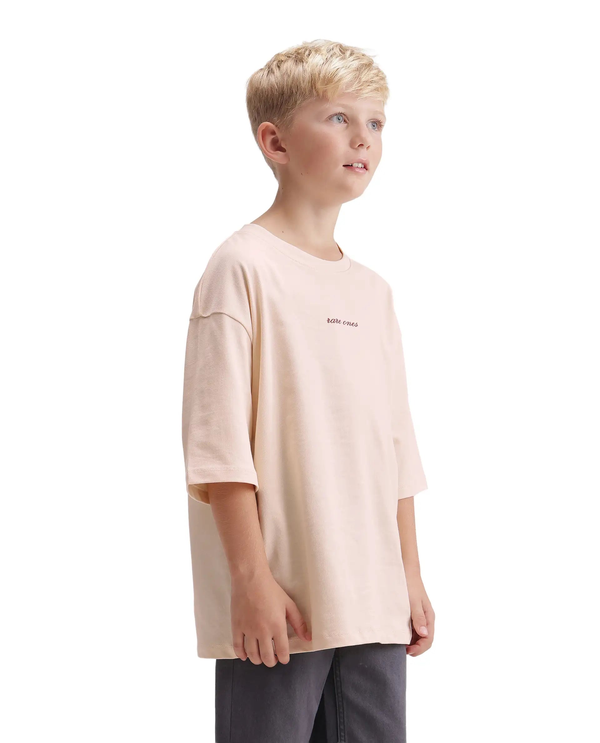 Rare Ones Kids Bonz Light Beige Cotton Fabric Pull-On Closure Oversized Fit T-Shirt