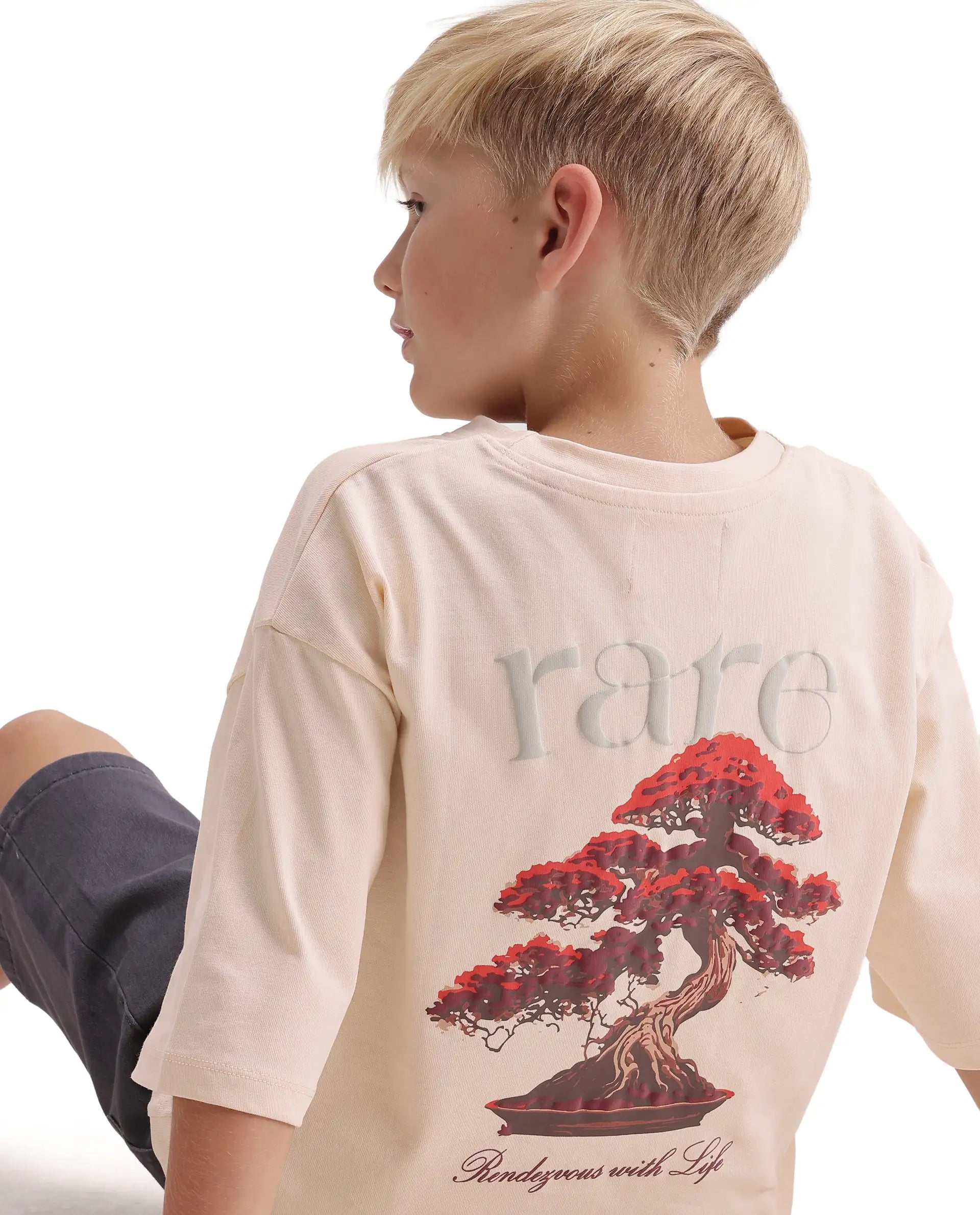Rare Ones Kids Bonz Light Beige Cotton Fabric Pull-On Closure Oversized Fit T-Shirt
