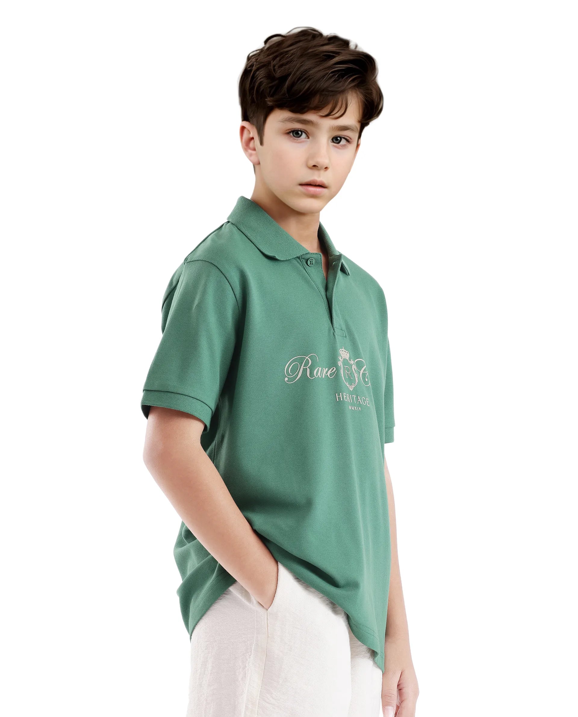 Rare Ones Kids Aimo Green Cotton Short Sleeve Hd Print Polo