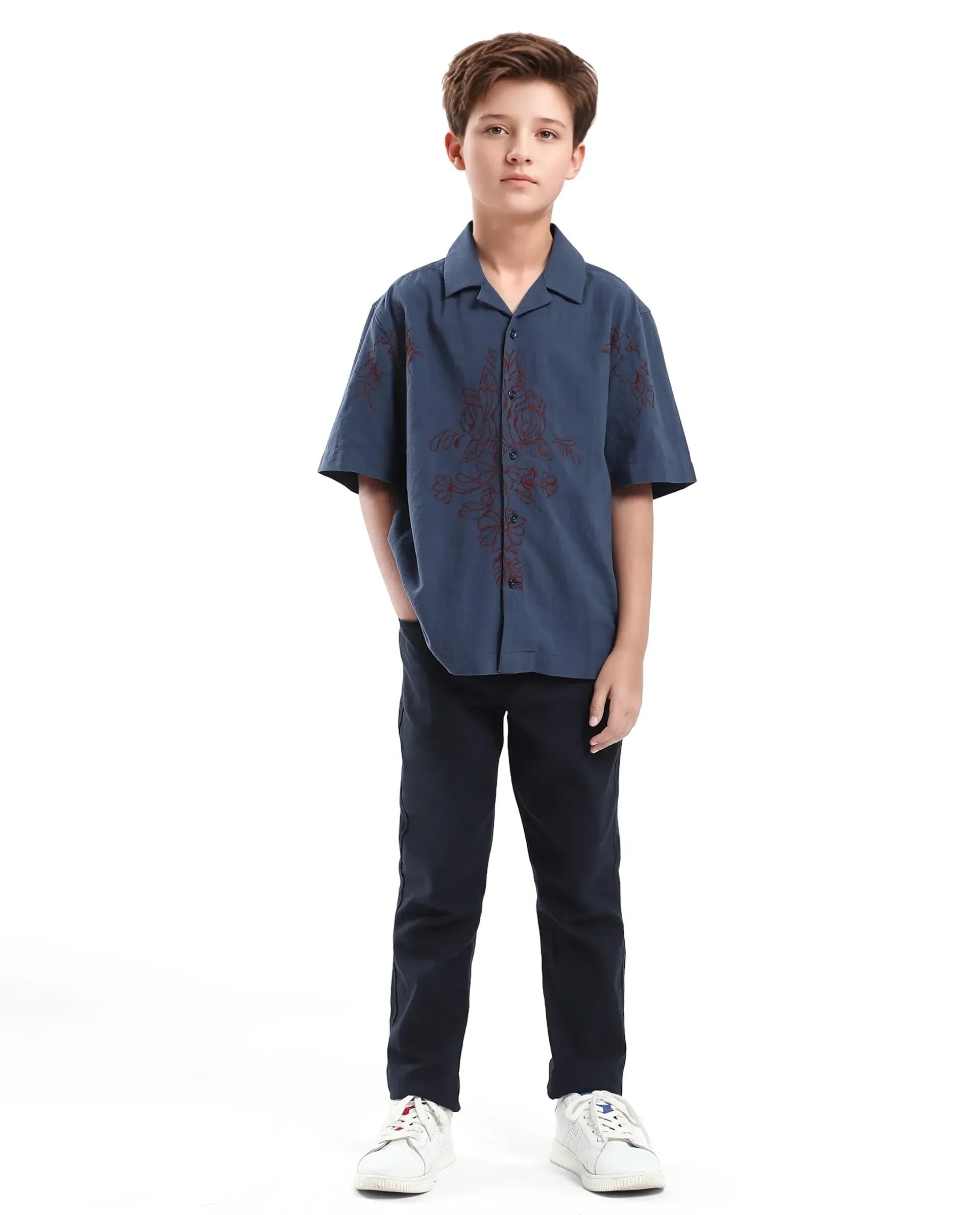 Rare Ones Kids Aria Dusky Blue Cotton Blend Half Sleeve Embroidered Button Closure Regular Fit Shirt