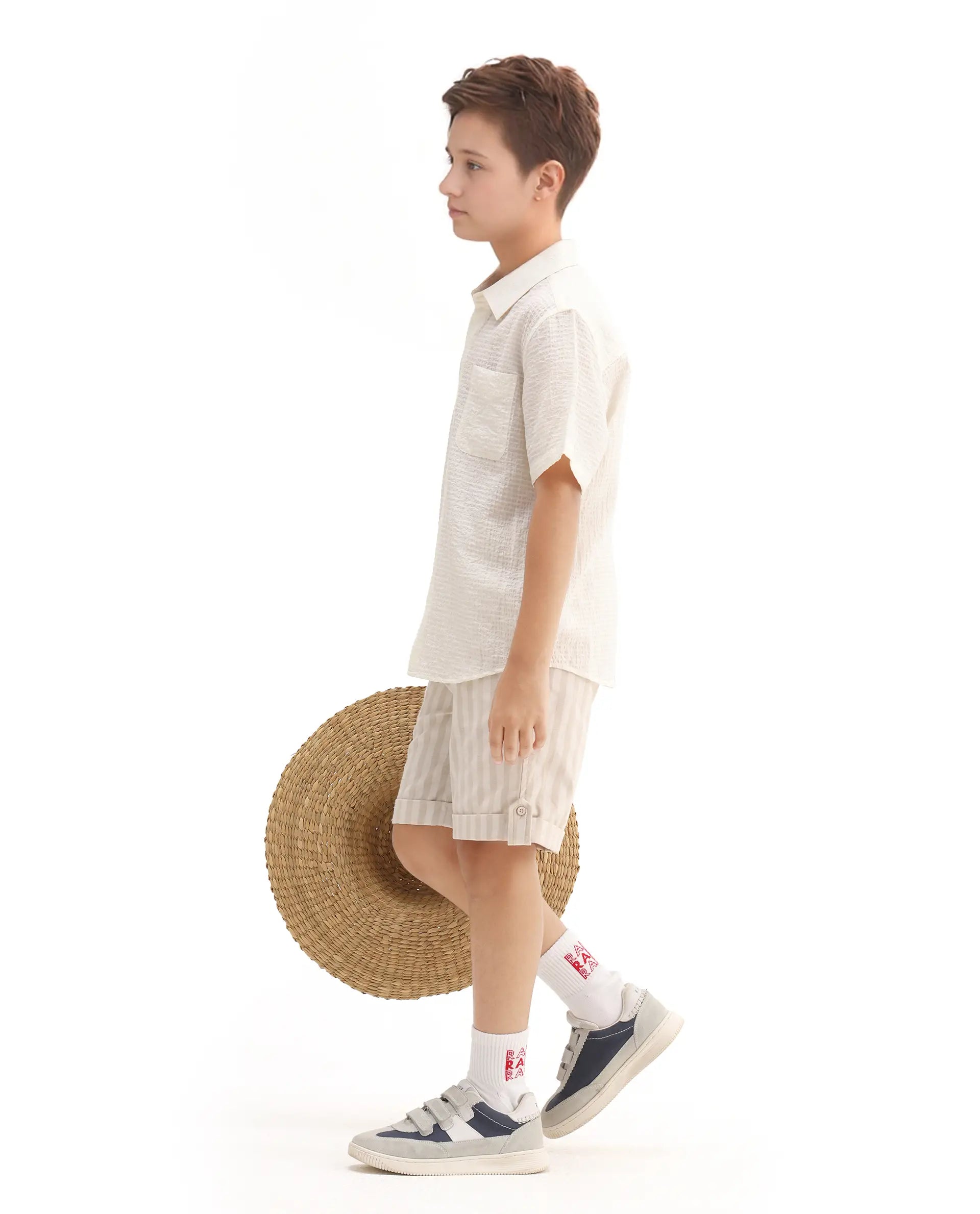 Rare Ones Kids Danni Beige Cotton Blend Striped Button & Zip Closure Regular Fit Shorts