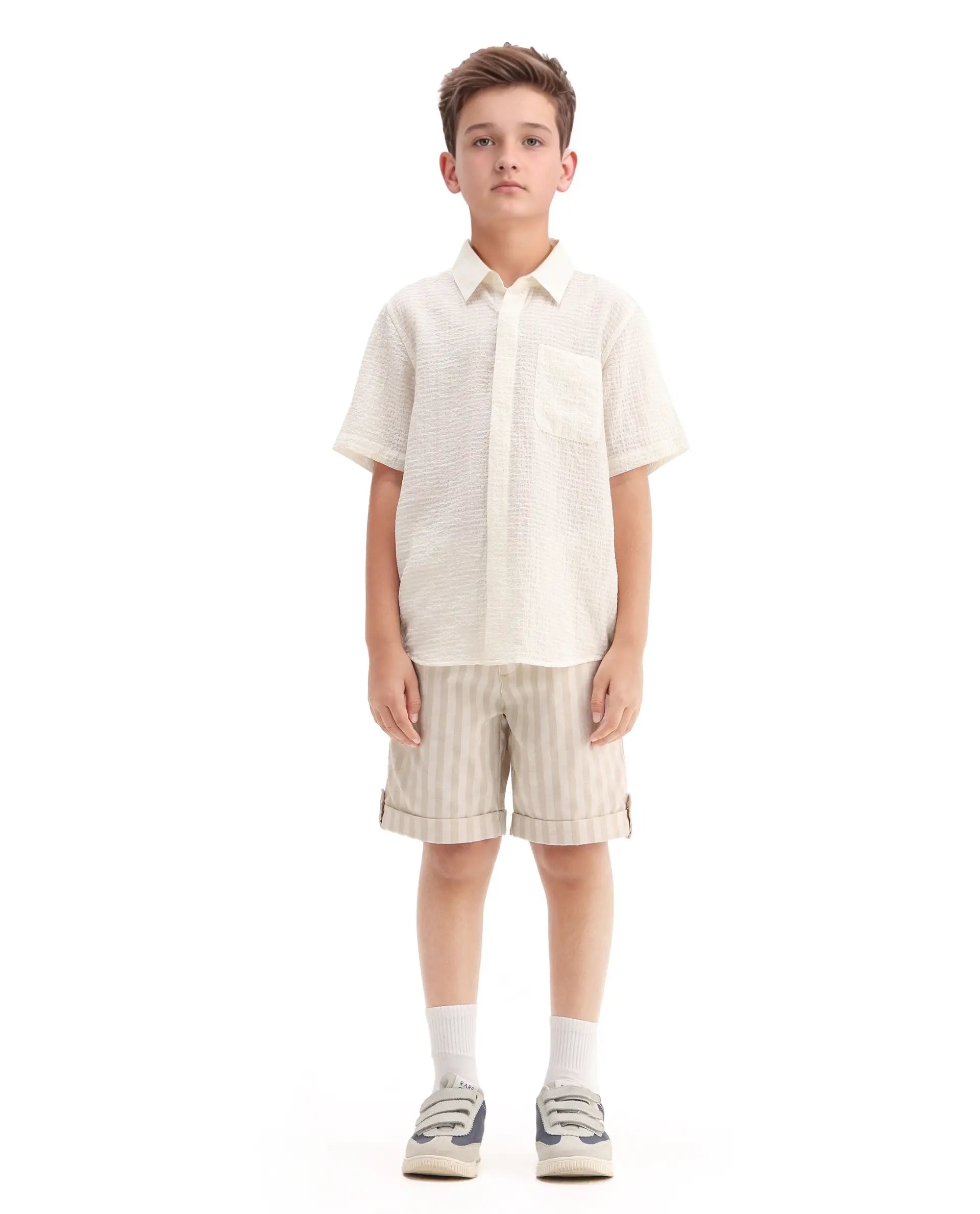 Rare Ones Kids Danni Beige Cotton Blend Striped Button & Zip Closure Regular Fit Shorts
