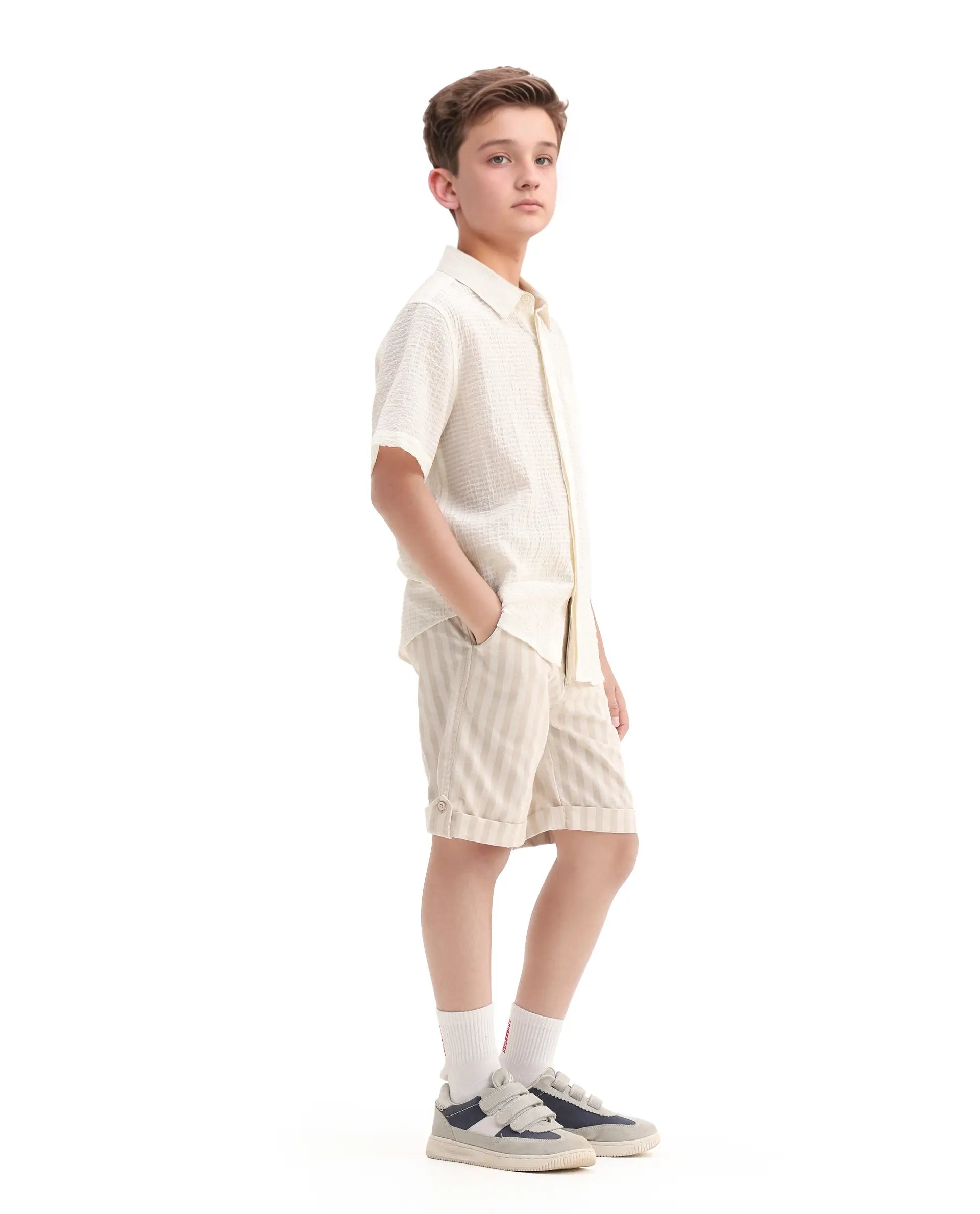 Rare Ones Kids Danni Beige Cotton Blend Striped Button & Zip Closure Regular Fit Shorts