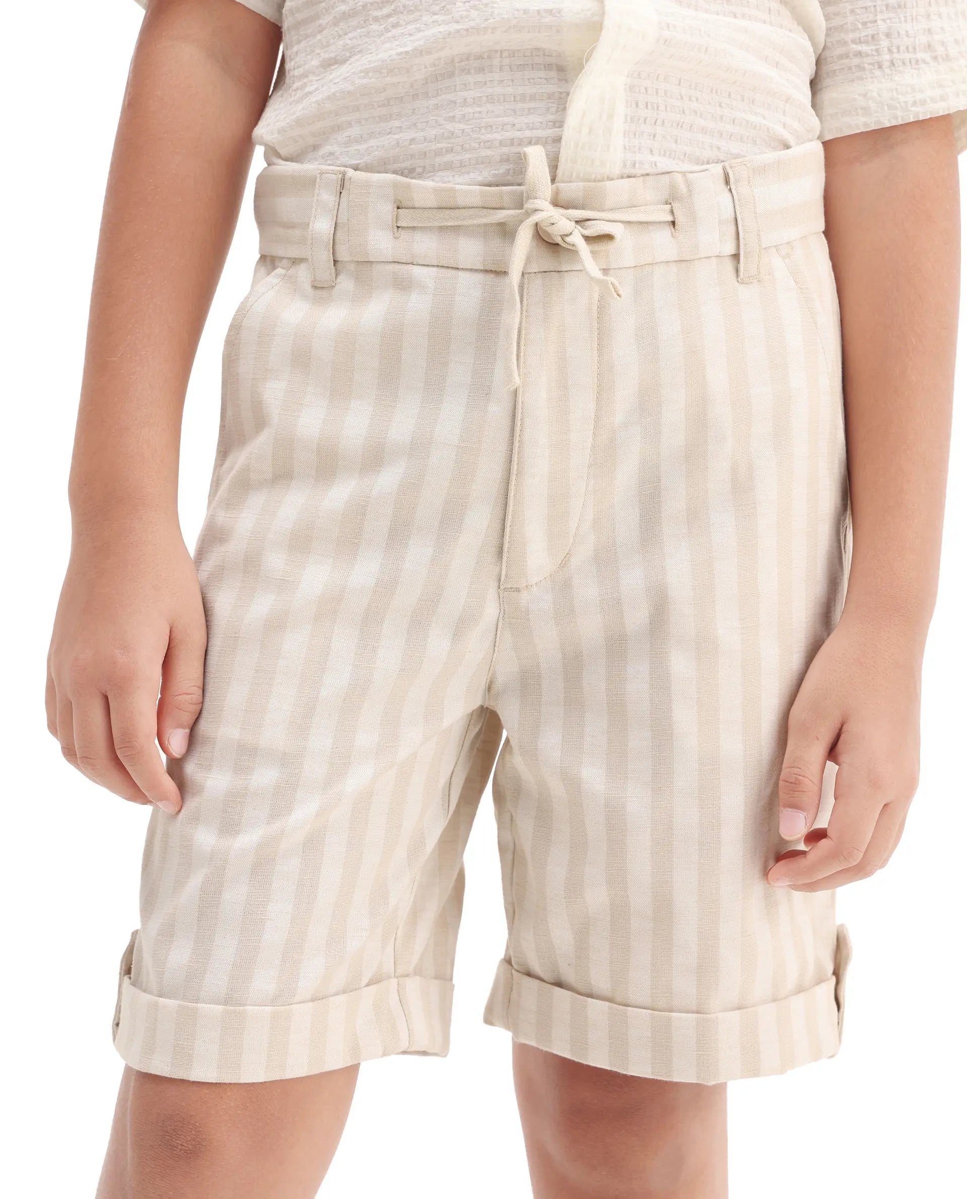 Rare Ones Kids Danni Beige Cotton Blend Striped Button & Zip Closure Regular Fit Shorts