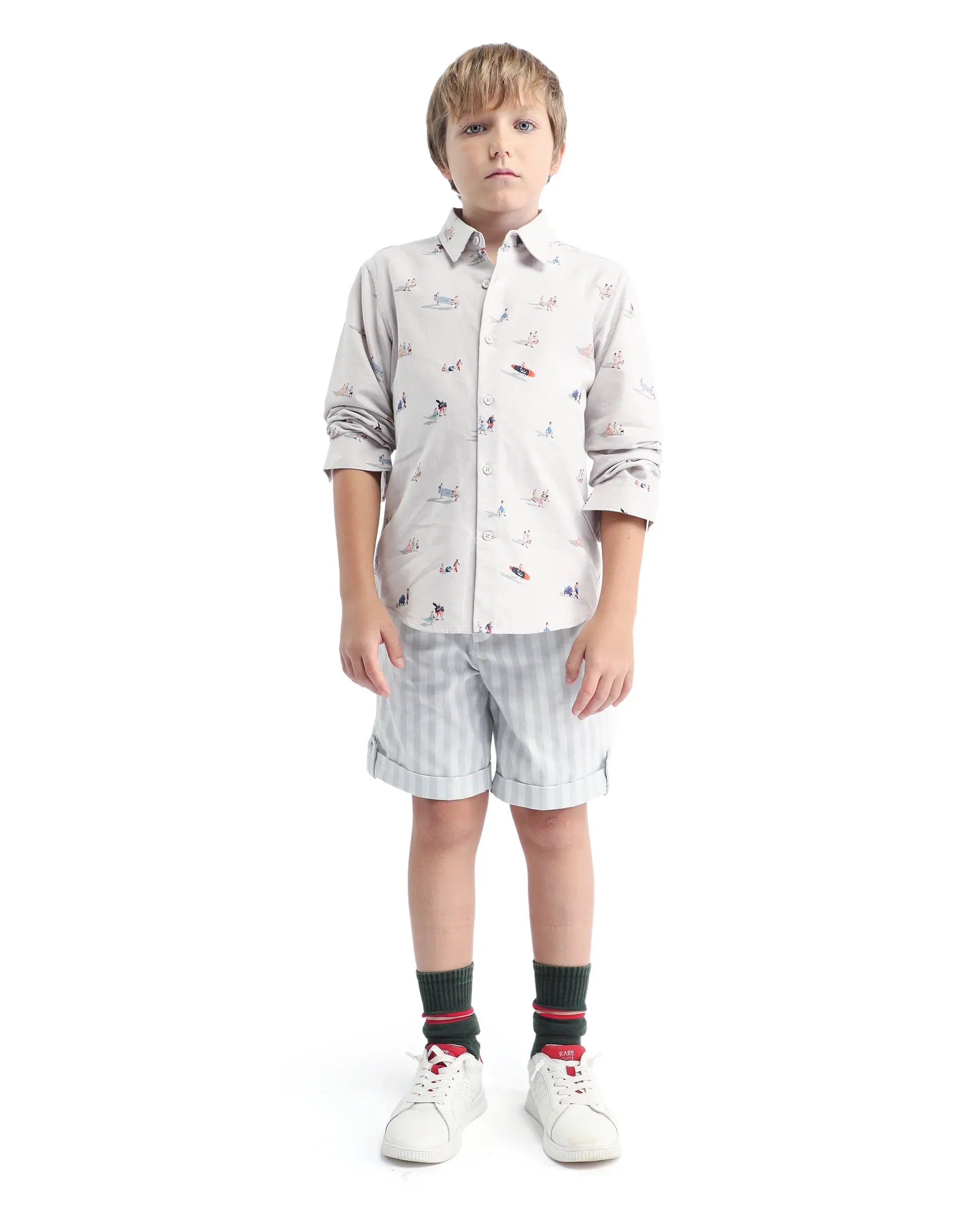 Rare Ones Kids Danni Light Grey Cotton Blend Striped Button & Zip Closure Regular Fit Shorts