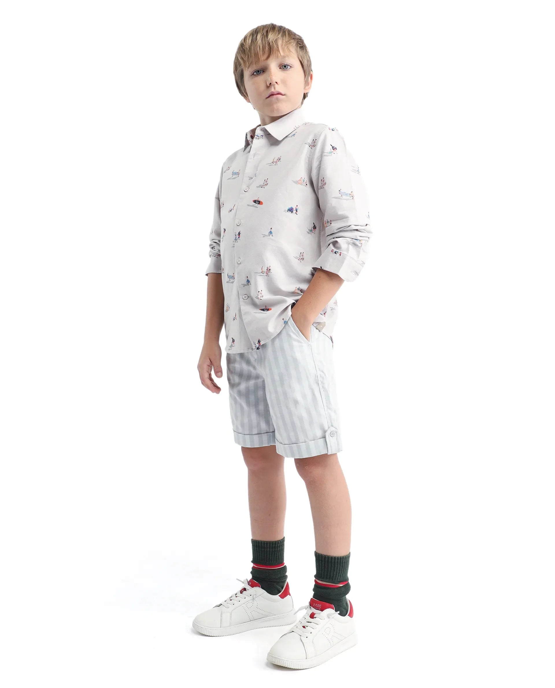 Rare Ones Kids Danni Light Grey Cotton Blend Striped Button & Zip Closure Regular Fit Shorts