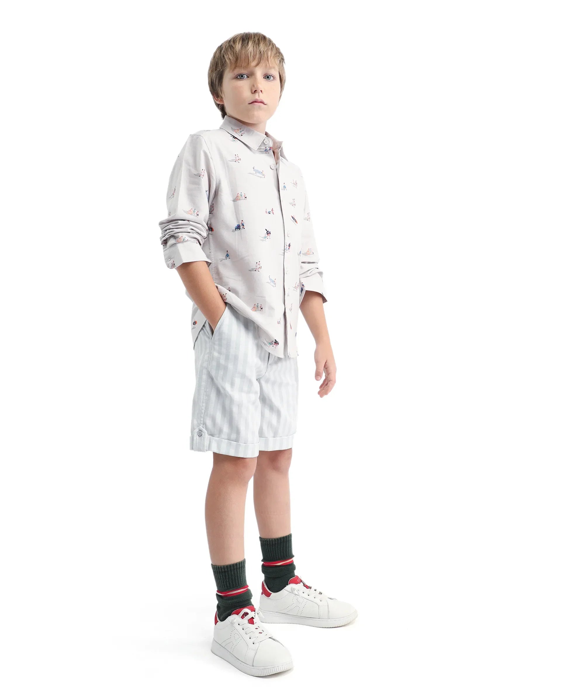 Rare Ones Kids Danni Light Grey Cotton Blend Striped Button & Zip Closure Regular Fit Shorts