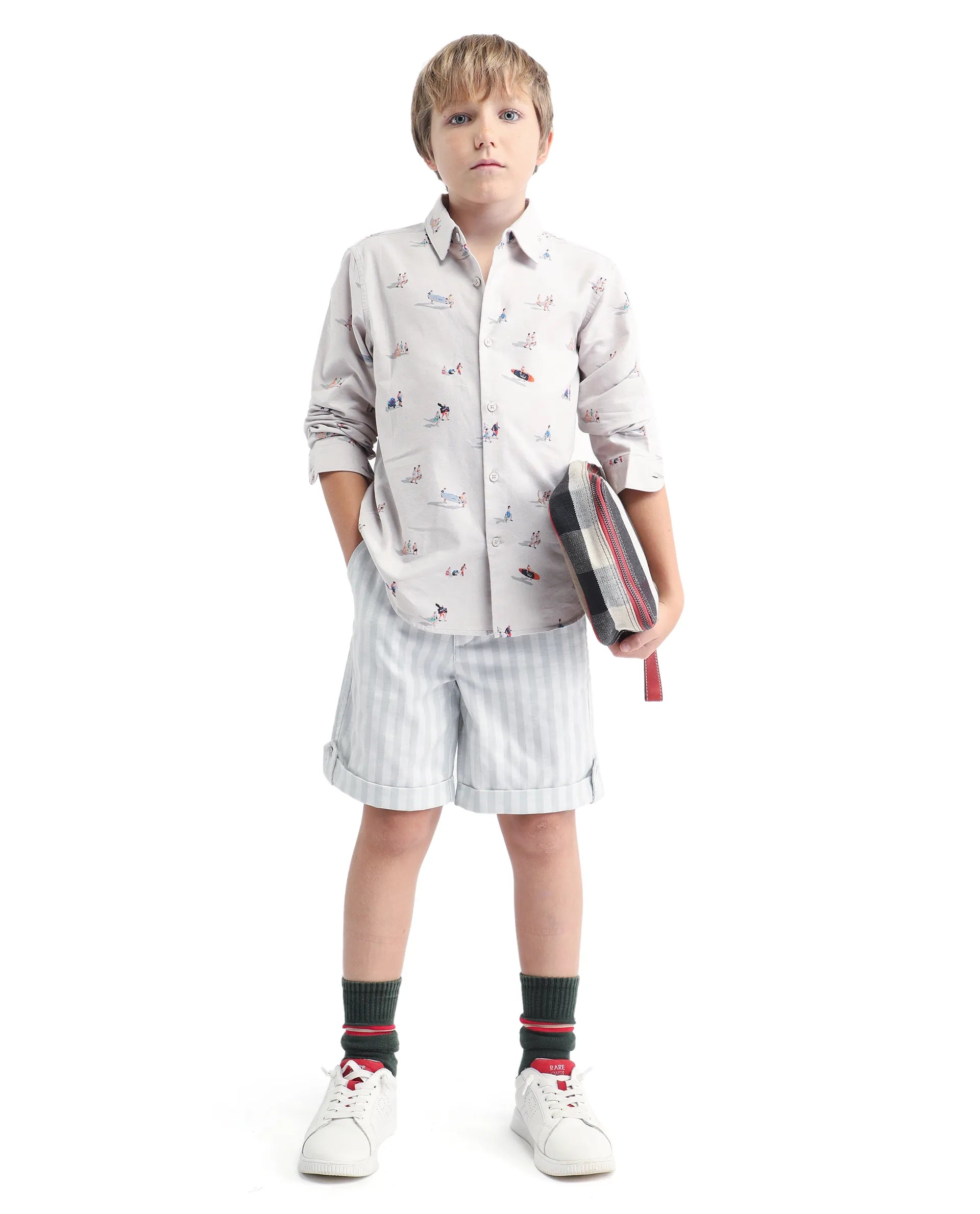 Rare Ones Kids Danni Light Grey Cotton Blend Striped Button & Zip Closure Regular Fit Shorts