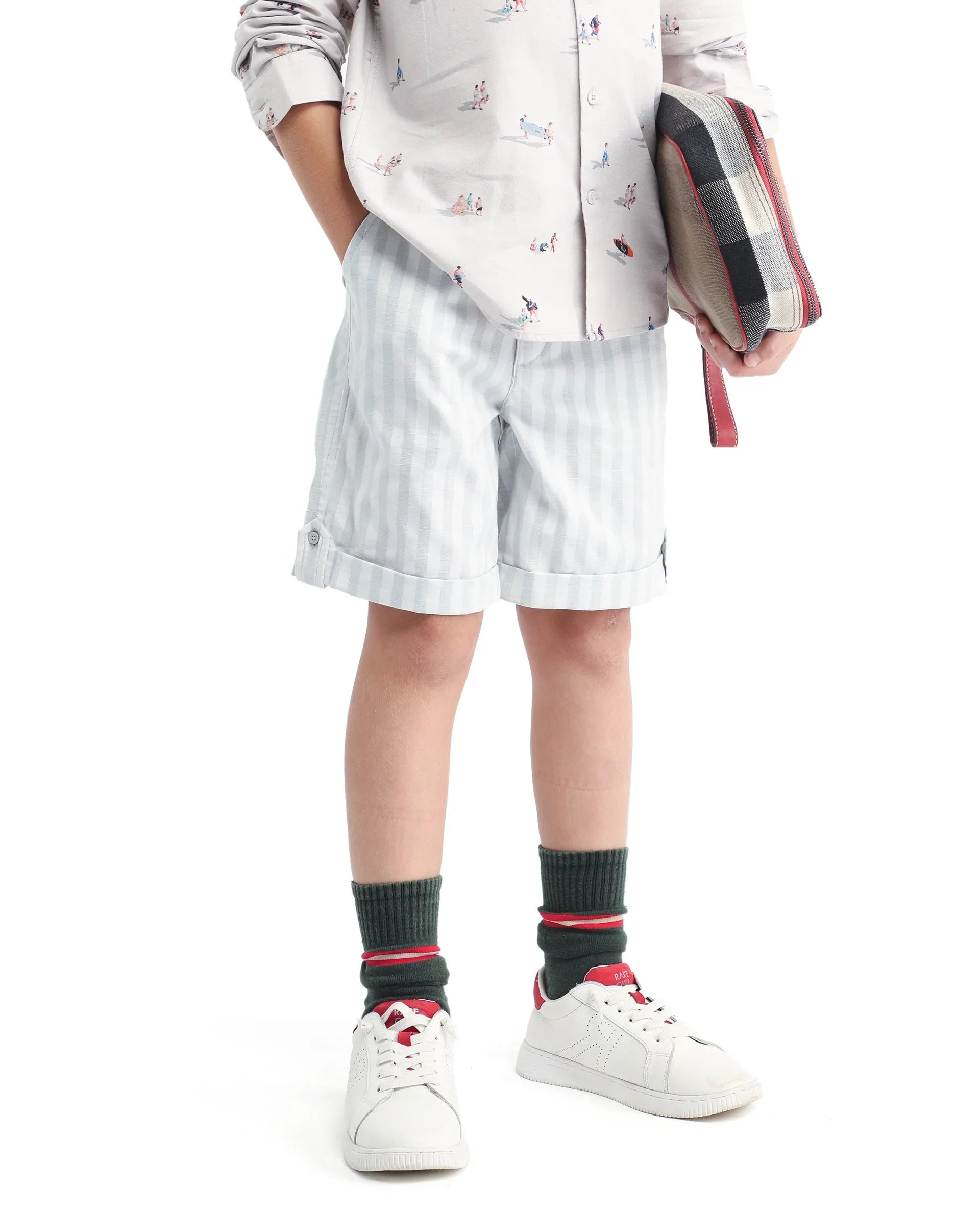 Rare Ones Kids Danni Light Grey Cotton Blend Striped Button & Zip Closure Regular Fit Shorts