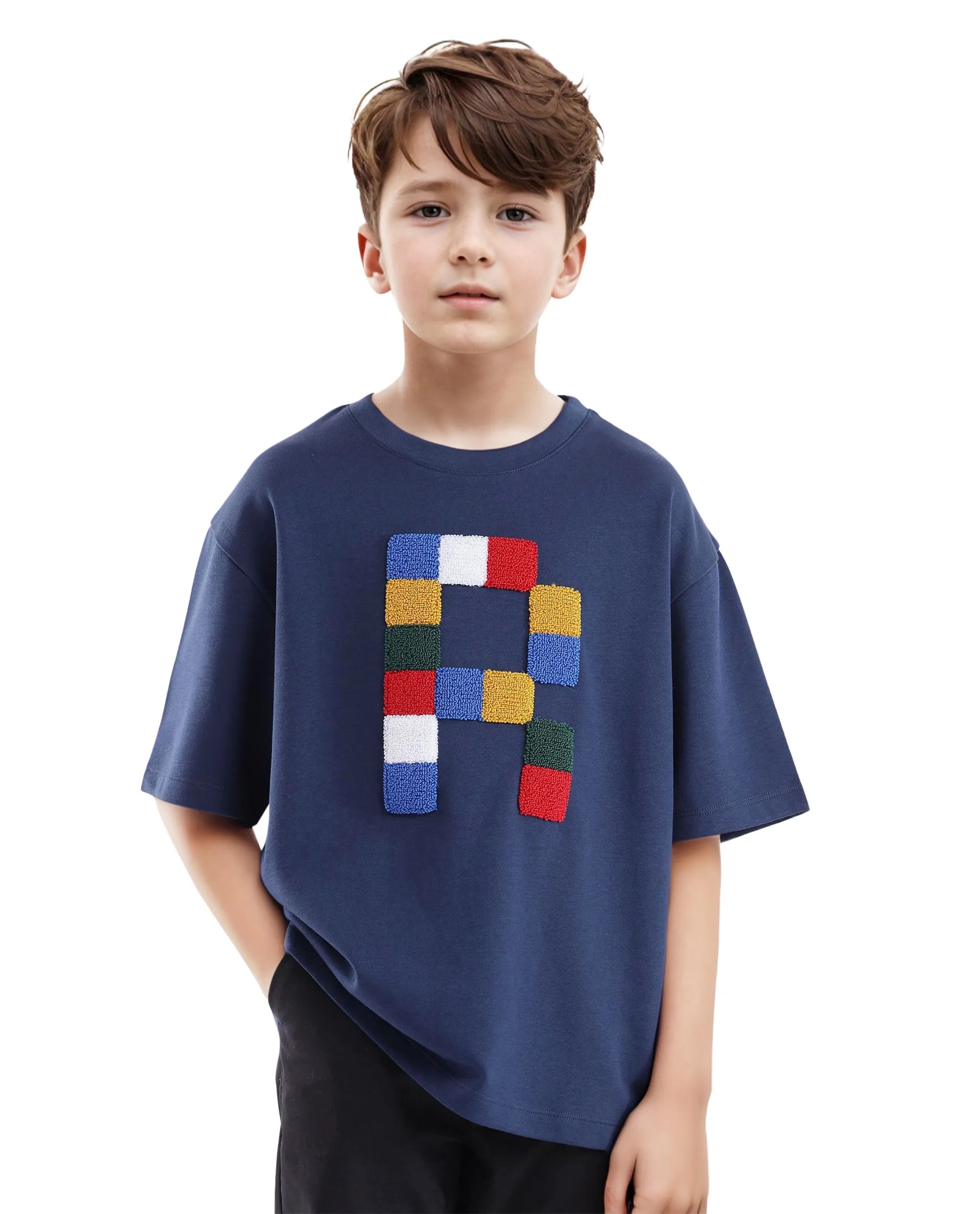 Rare Ones Kids Doe Navy Cotton Poly Short Sleeve Crew Neck Towel Embroidered Boxy T-Shirt