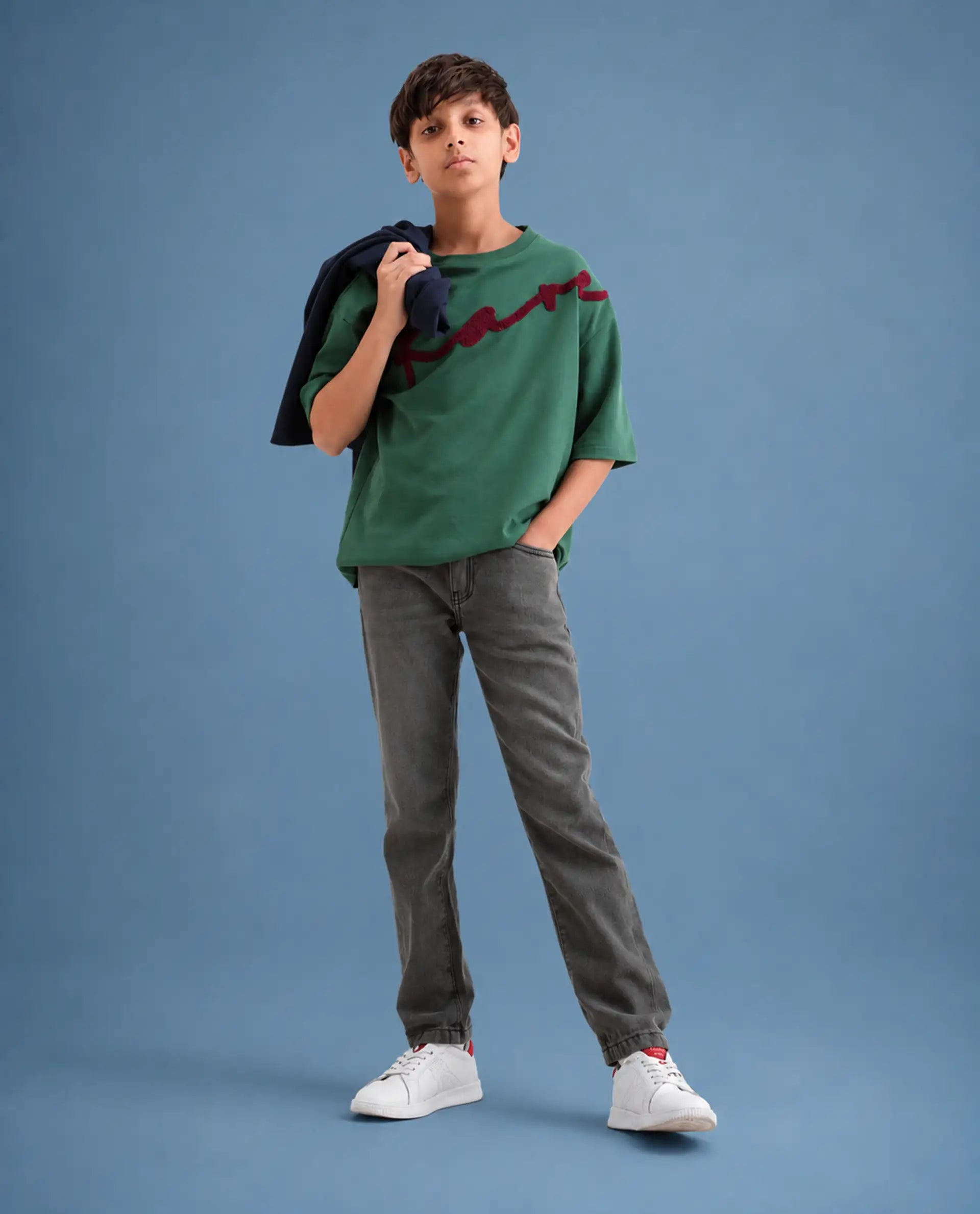 Rare Ones Kids Fazz Grey Cotton Button And Zipper Closure Plain Slim Fit Jeans