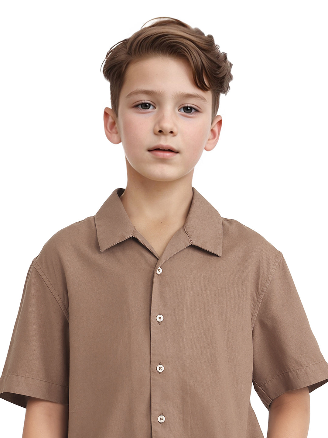 Rare Ones Kids Fern-S Brown Cotton Blend Half Sleeve Button Closure Solid Regular Fit Shirt