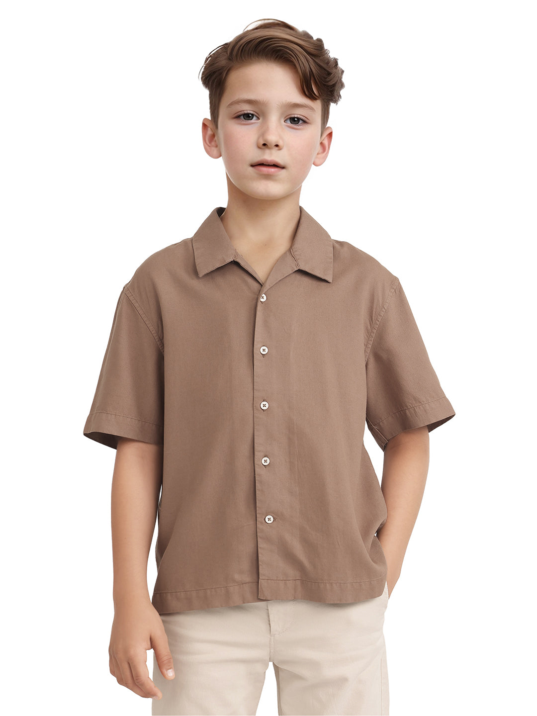Rare Ones Kids Fern-S Brown Cotton Blend Half Sleeve Button Closure Solid Regular Fit Shirt