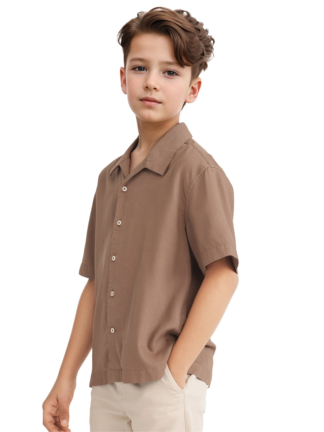 Rare Ones Kids Fern-S Brown Cotton Blend Half Sleeve Button Closure Solid Regular Fit Shirt