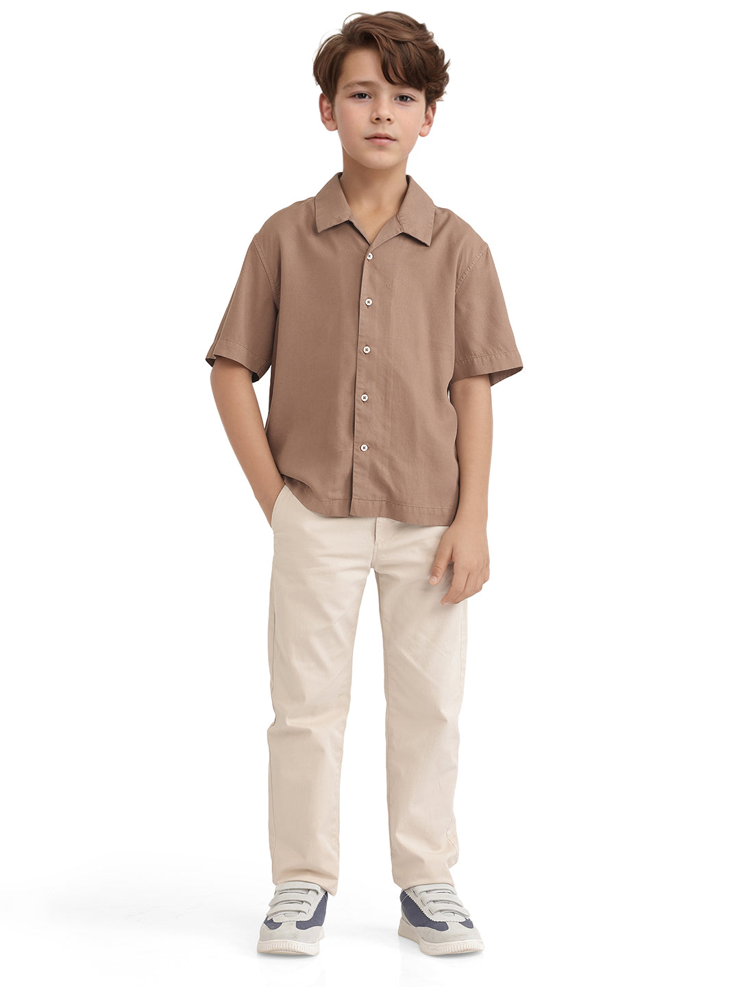 Rare Ones Kids Fern-S Brown Cotton Blend Half Sleeve Button Closure Solid Regular Fit Shirt