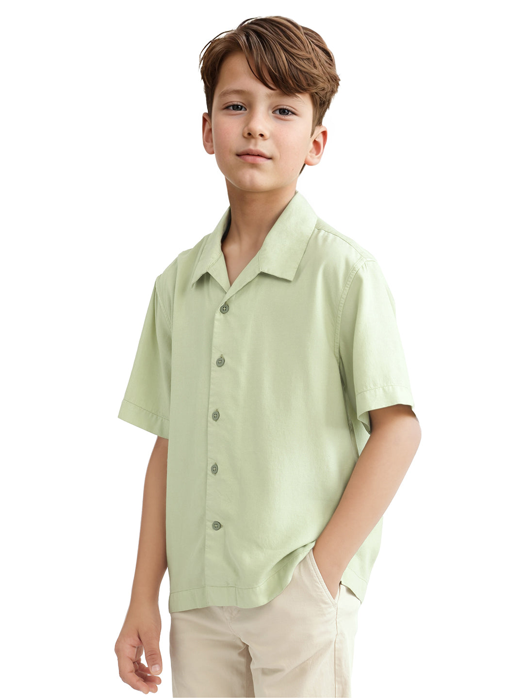 Rare Ones Kids Fern-S Light Green Cotton Blend Half Sleeve Button Closure Solid Regular Fit Shirt