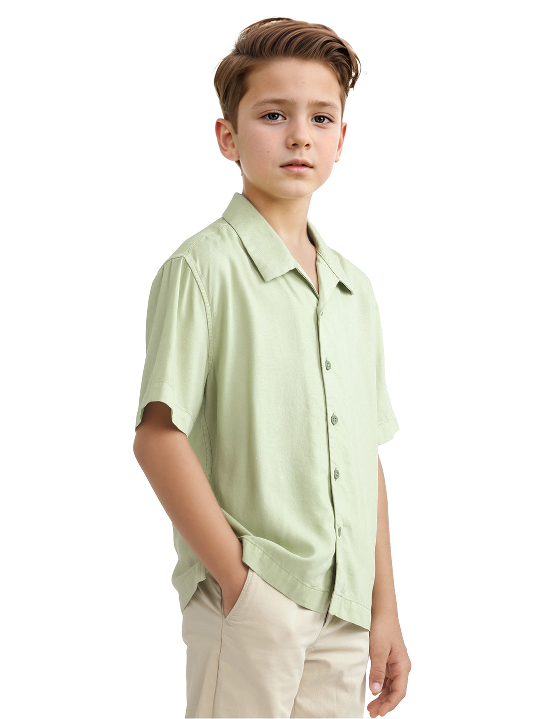 Rare Ones Kids Fern-S Light Green Cotton Blend Half Sleeve Button Closure Solid Regular Fit Shirt