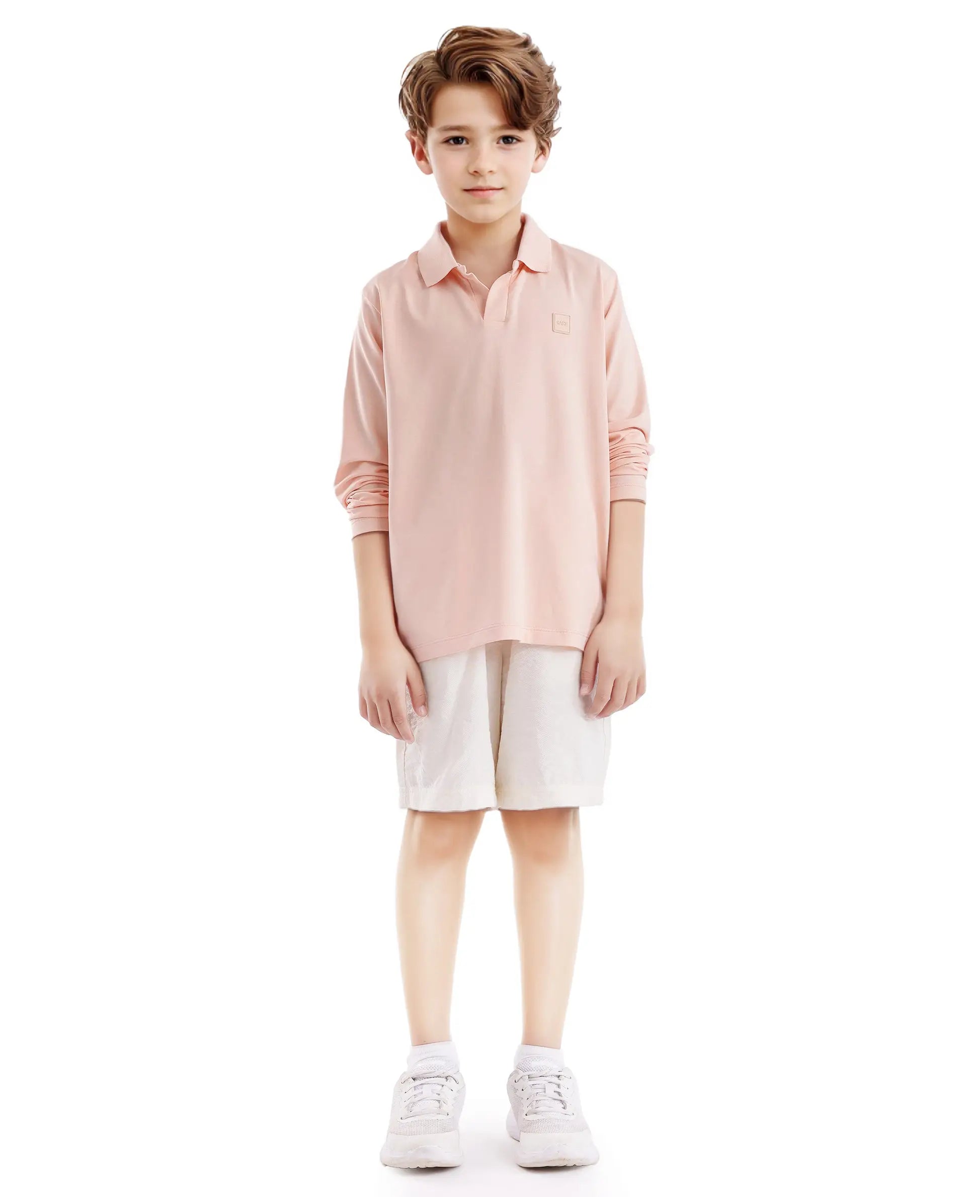 Rare Ones Kids Flit Light Peach Cotton Blend Full Sleeve Polo Neck Solid Polo