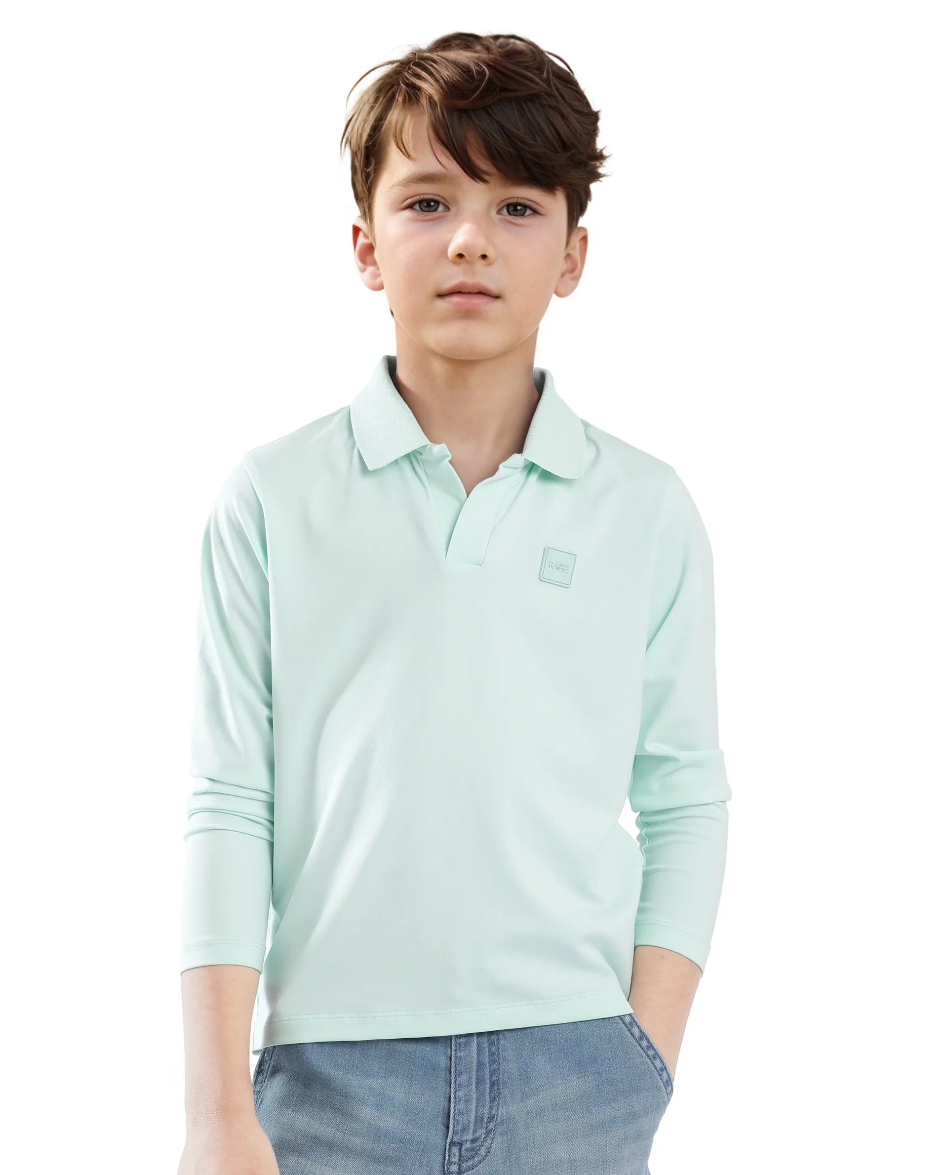 Rare Ones Kids Flit Pastel Green Cotton Blend Full Sleeve Regular Collar Solid Polo