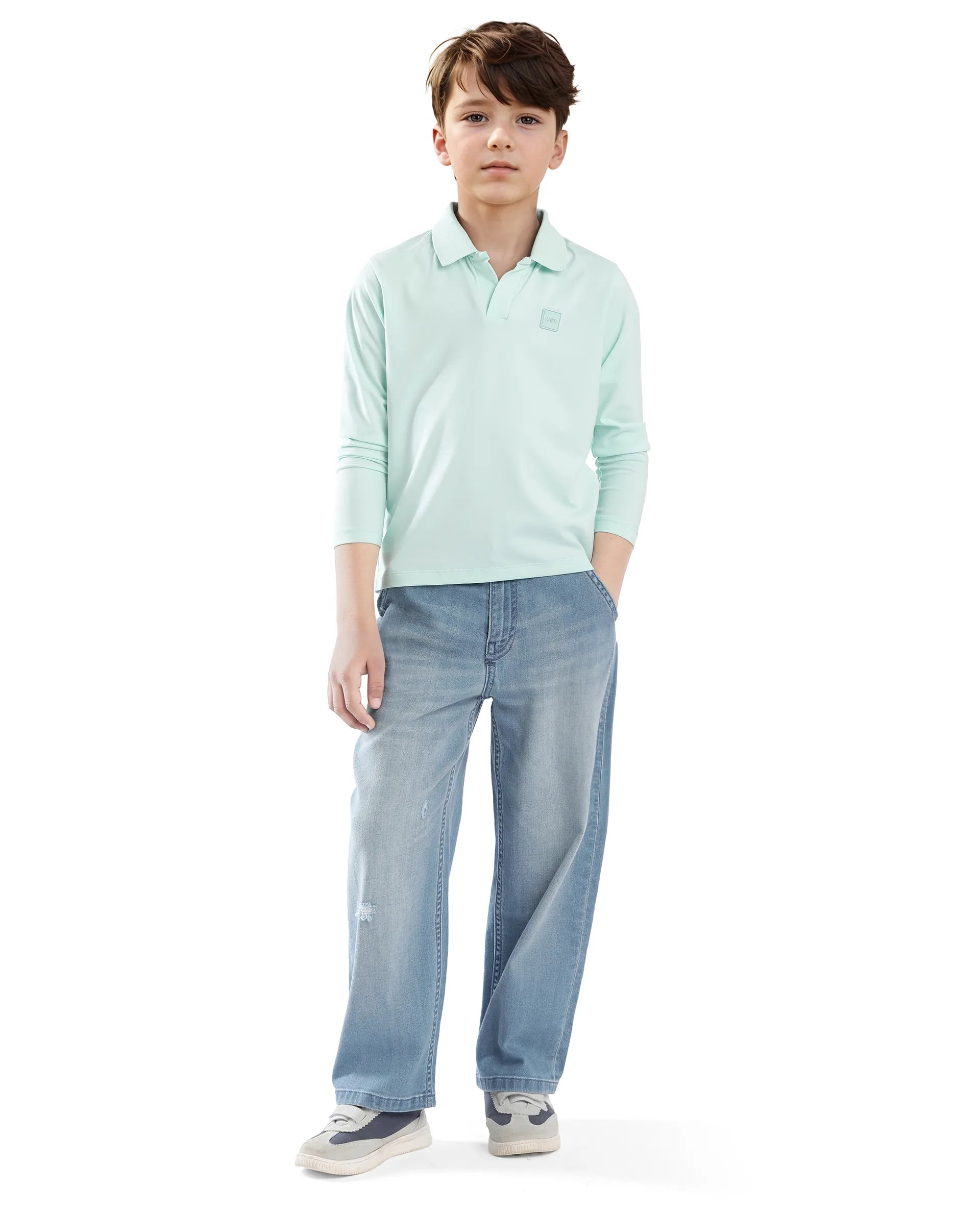 Rare Ones Kids Flit Pastel Green Cotton Blend Full Sleeve Regular Collar Solid Polo