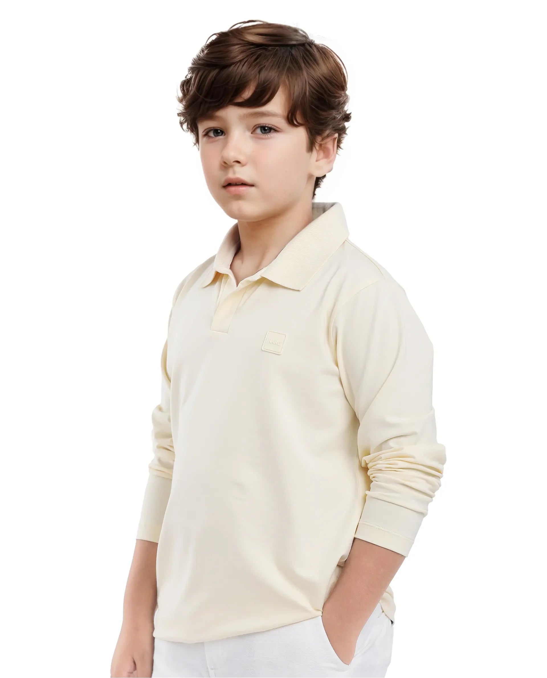 Rare Ones Kids Flit Pastel Yellow Cotton Blend Full Sleeve Polo Neck Solid Polo