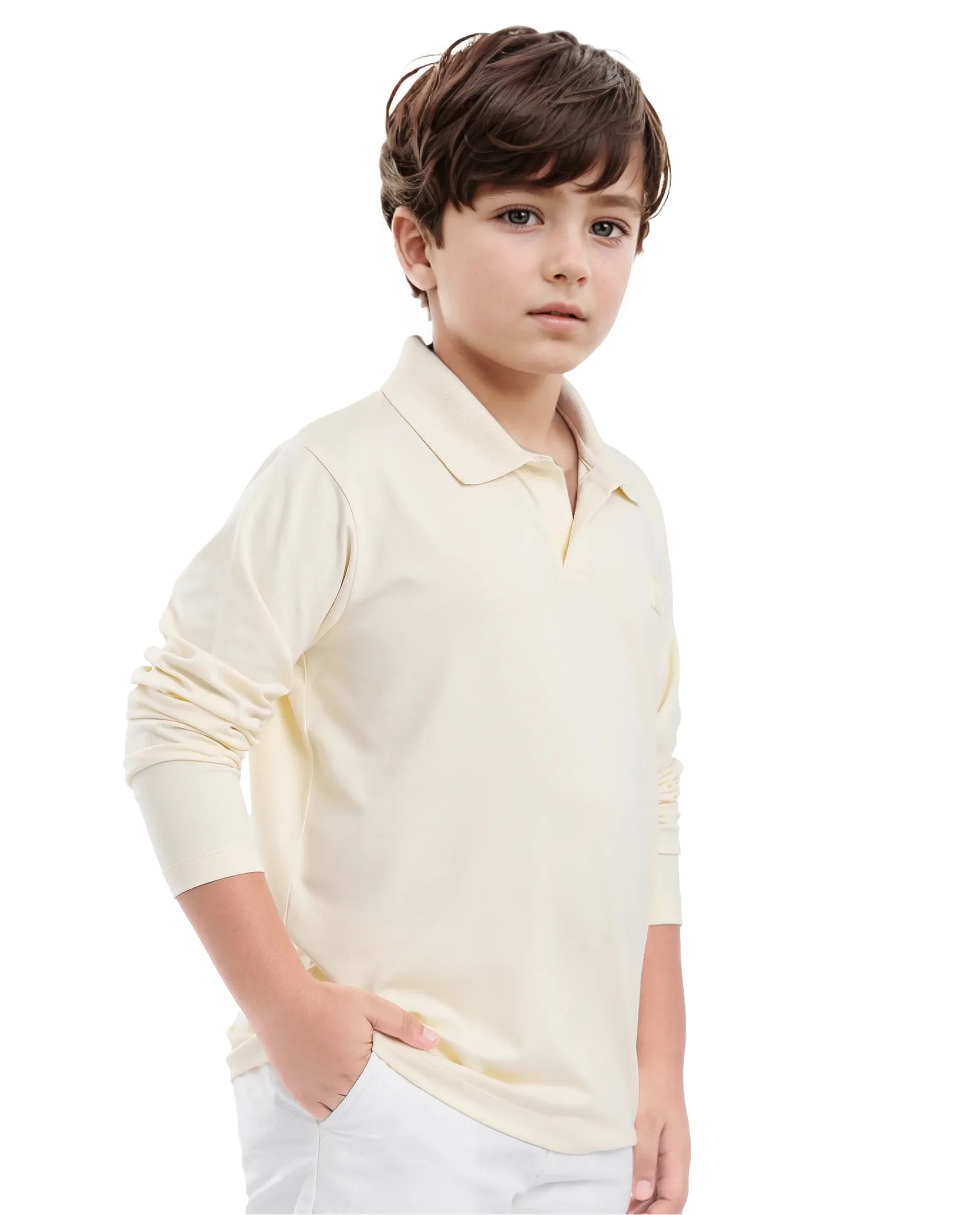 Rare Ones Kids Flit Pastel Yellow Cotton Blend Full Sleeve Polo Neck Solid Polo