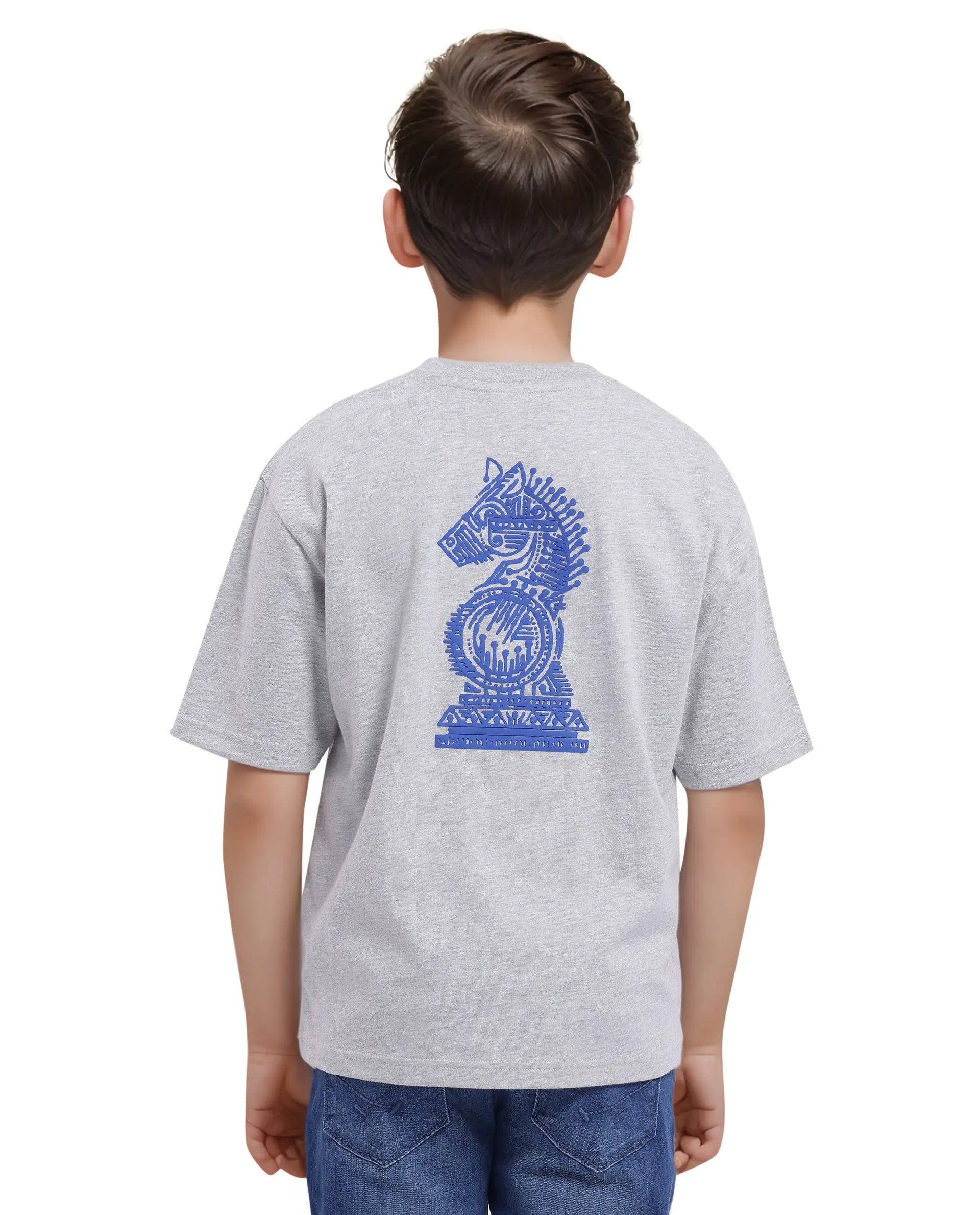 Rare Ones Kids Horse Melange Grey Cotton Half Sleeves Crew Neck Oversized Fit Graphic Back Print T-Shirt