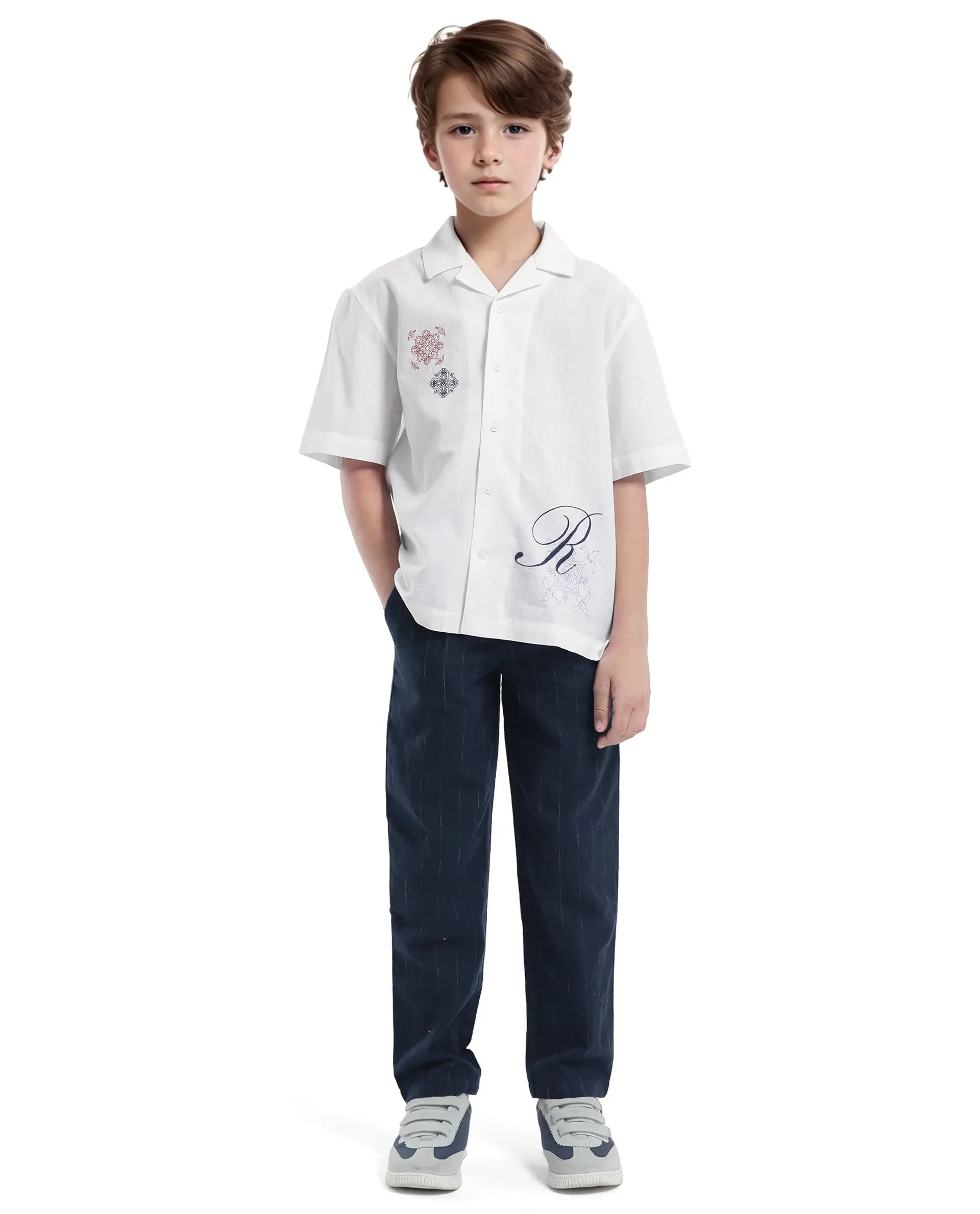 Rare Ones Kids Isla White Cotton Half Sleeve Embroidered Button Closure Regular Fit Shirt