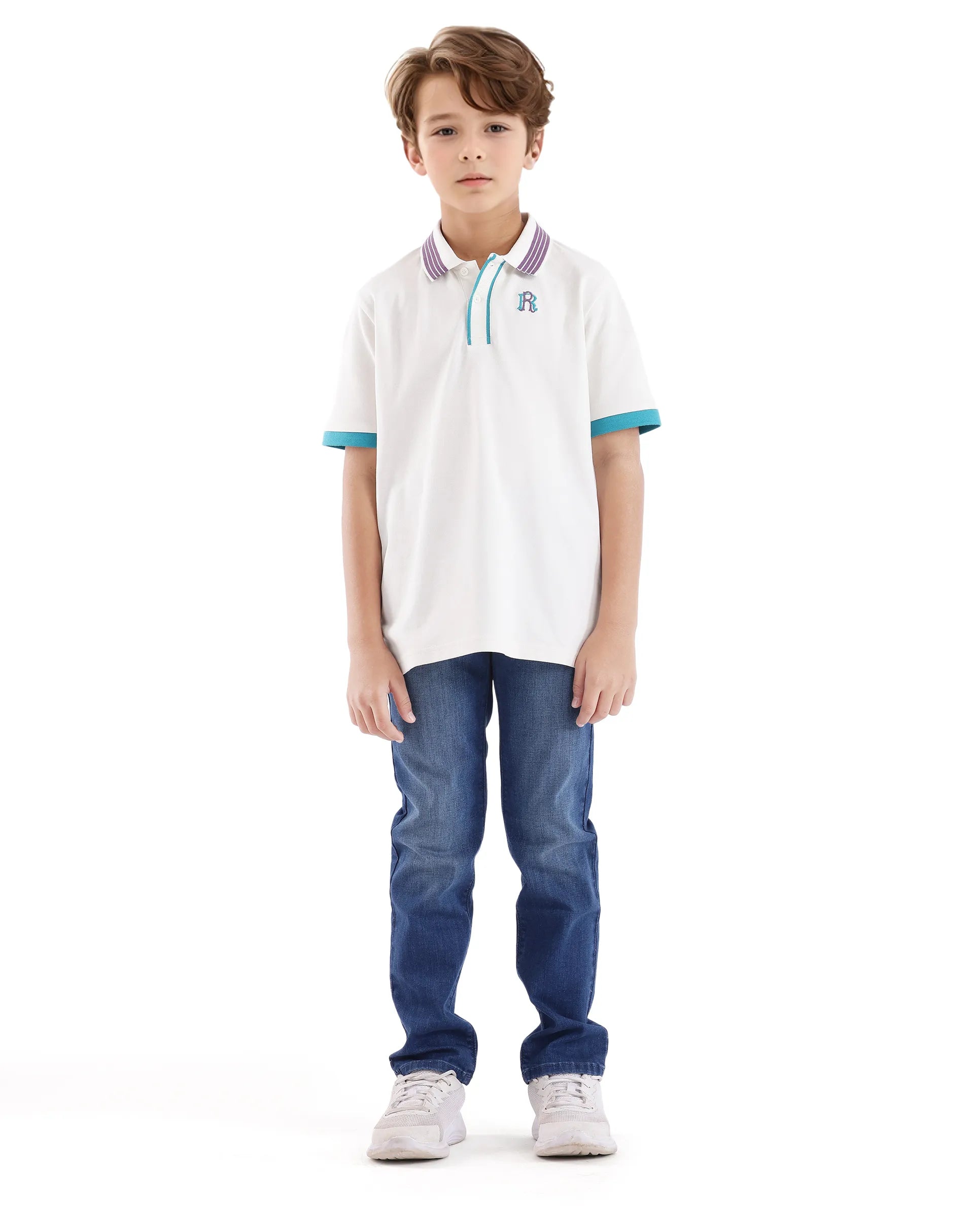 Rare Ones Kids Jef White Cotton Short Sleeve Contrasting Collar Embroidered Polo