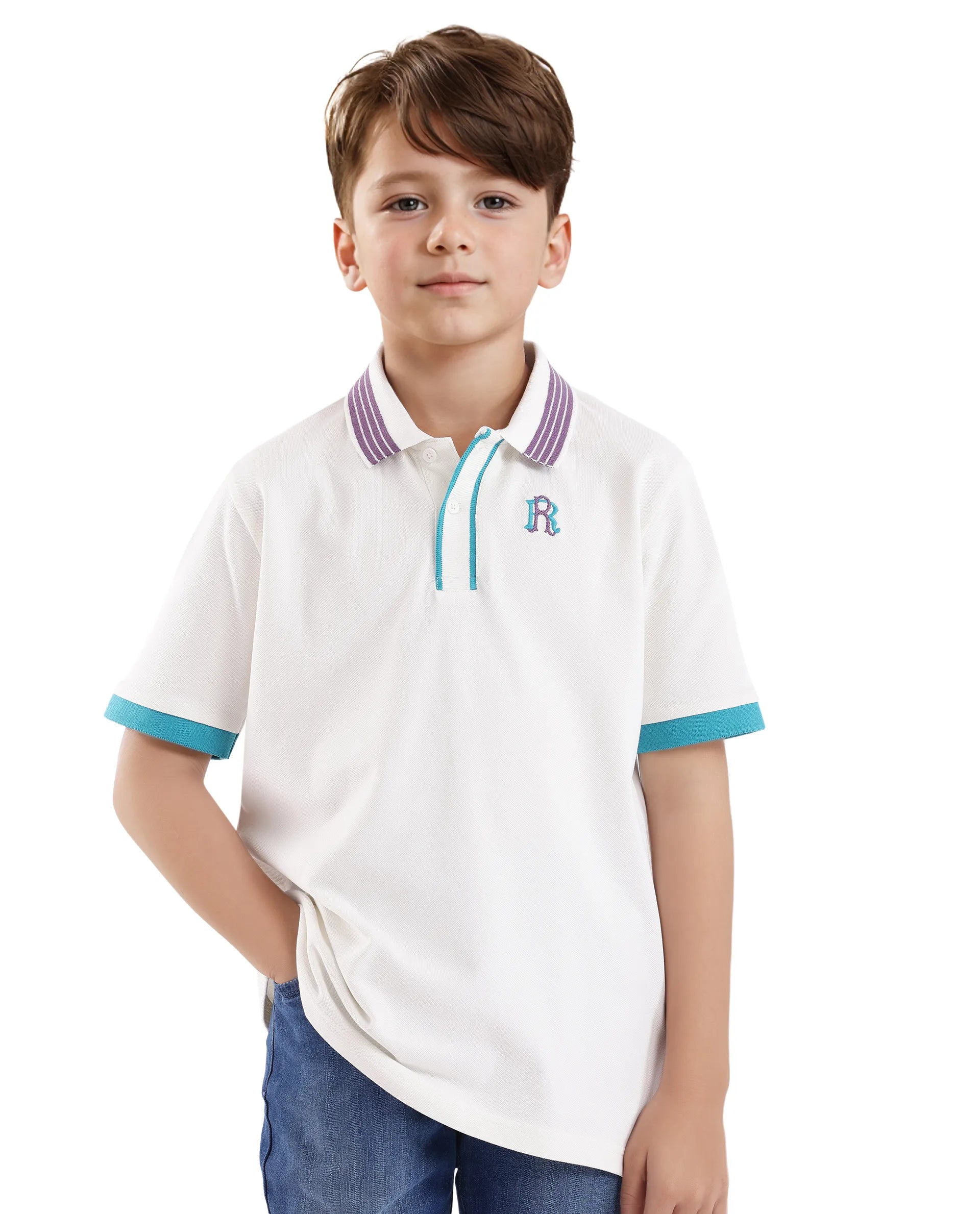 Rare Ones Kids Jef White Cotton Short Sleeve Contrasting Collar Embroidered Polo