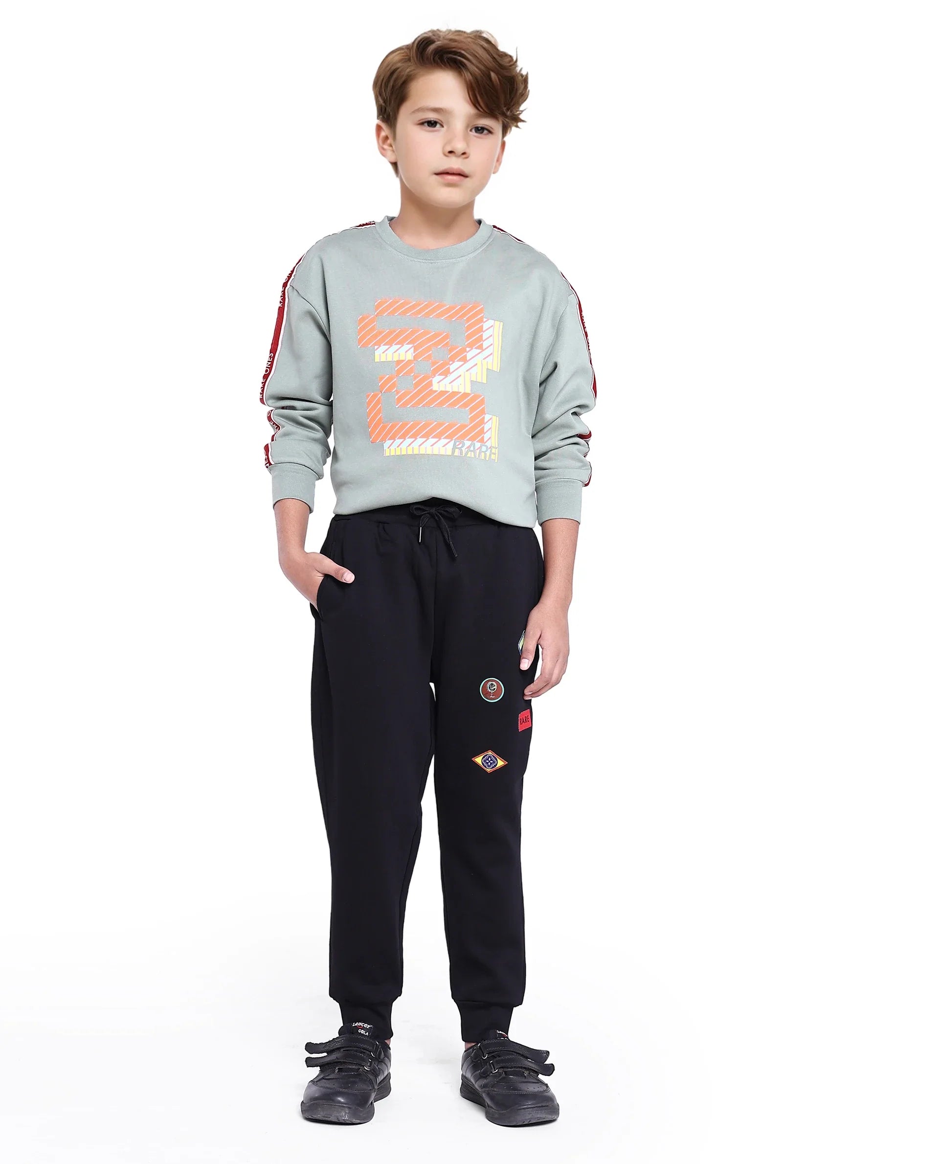Rare Ones Kids Karo Black Cotton Poly Drawstring Applique Trackpant