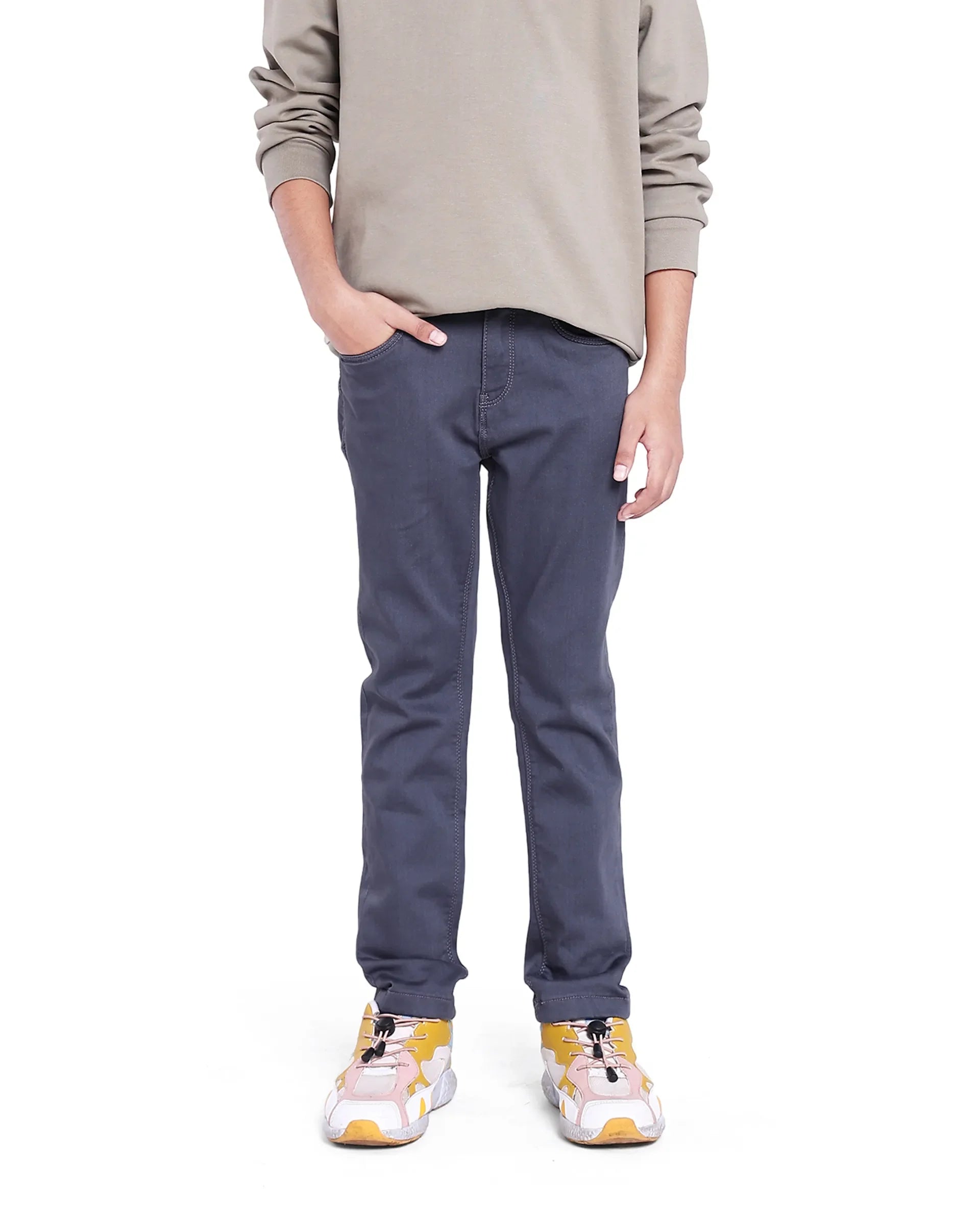 Rare Ones Kids Kino Grey Cotton Poly Solid Slim Fit Denim Pant