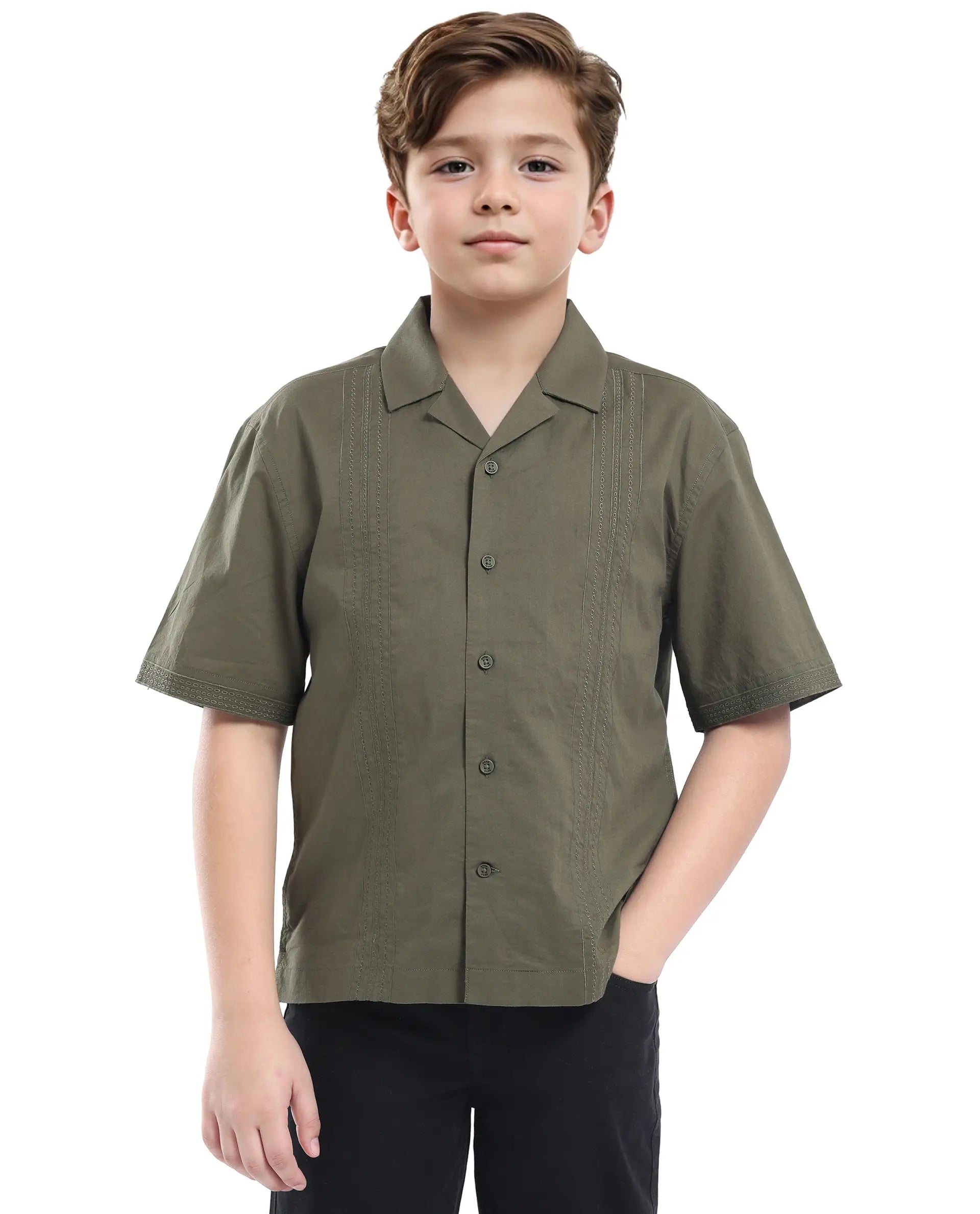 Rare Ones Kids Kyte-S Olive Cotton Blend Half Sleeve Solid Button Closure Regular Fit Shirt