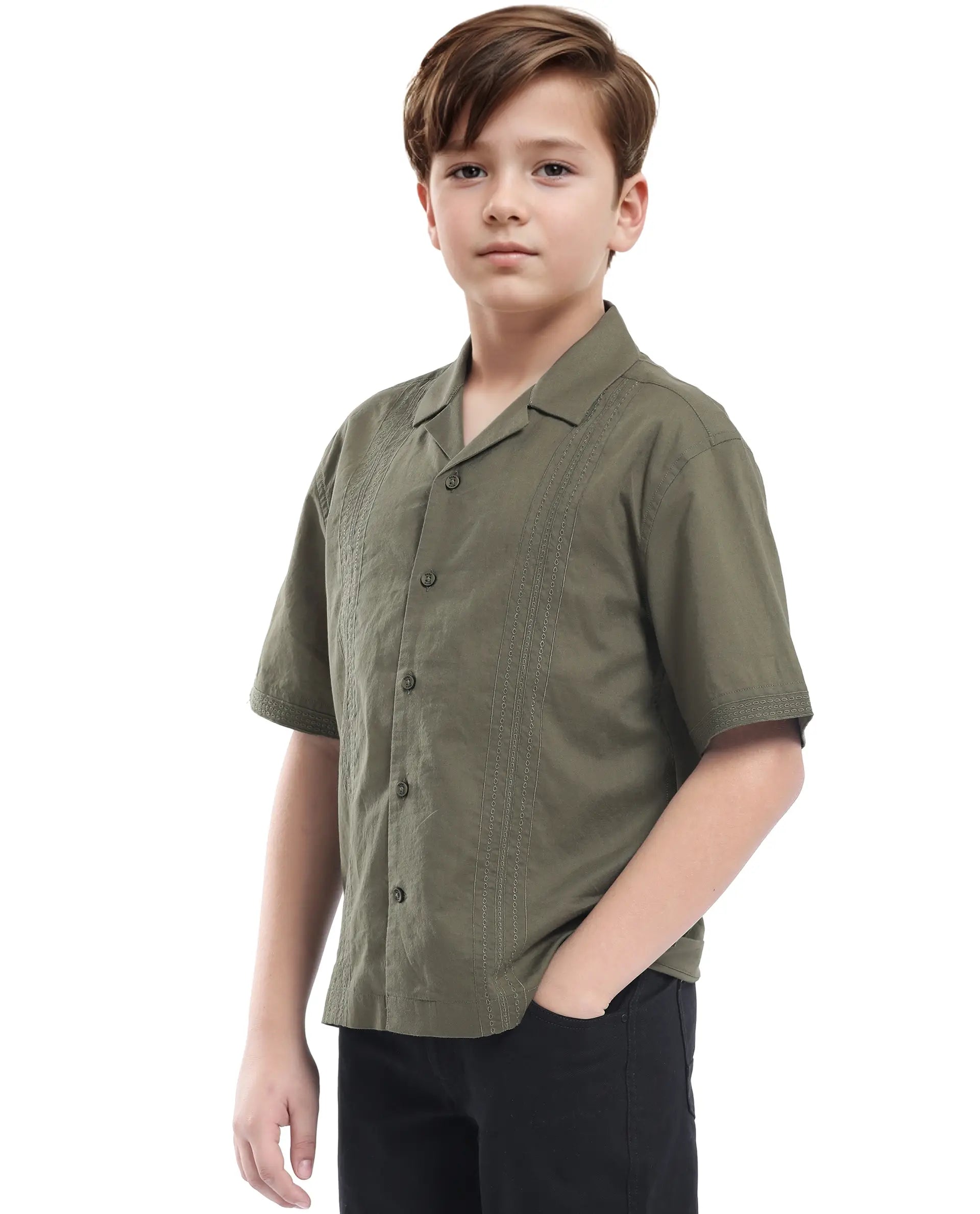 Rare Ones Kids Kyte-S Olive Cotton Blend Half Sleeve Solid Button Closure Regular Fit Shirt
