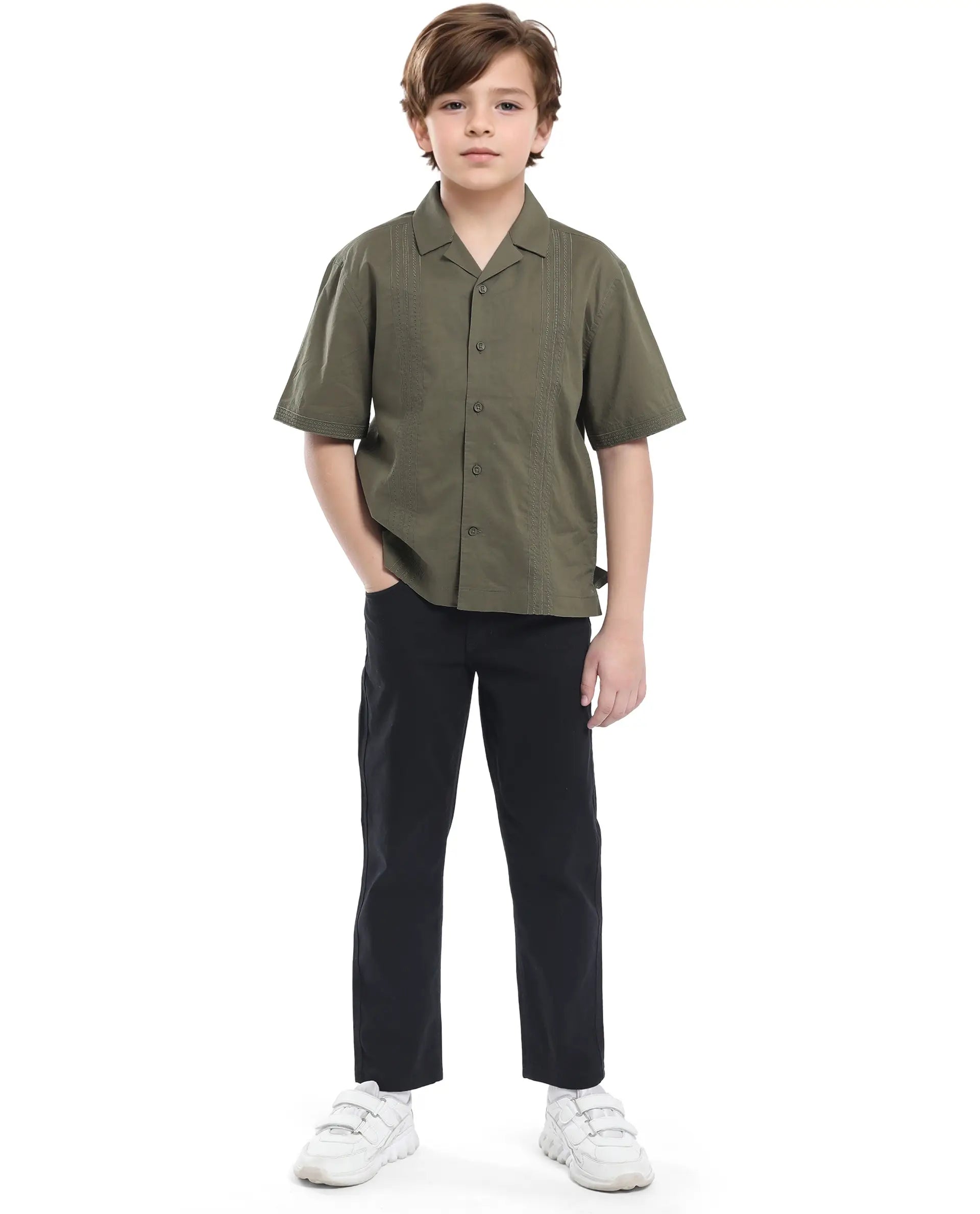 Rare Ones Kids Kyte-S Olive Cotton Blend Half Sleeve Solid Button Closure Regular Fit Shirt