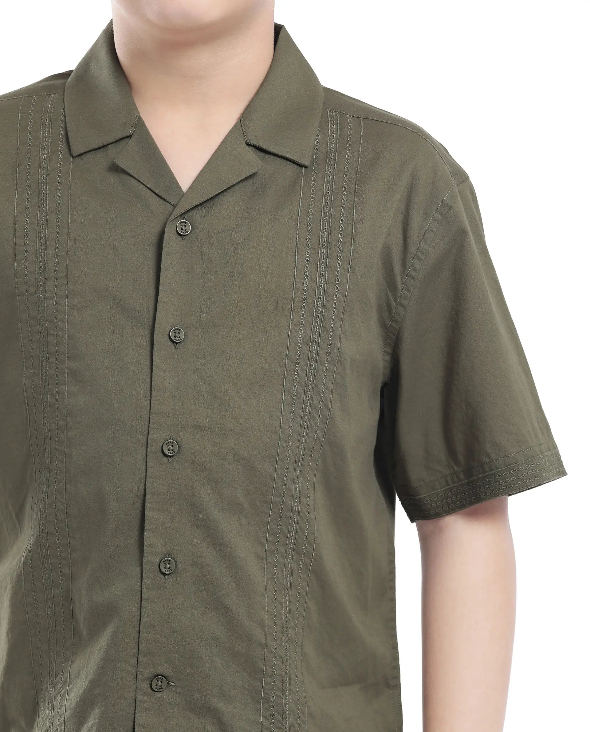 Rare Ones Kids Kyte-S Olive Cotton Blend Half Sleeve Solid Button Closure Regular Fit Shirt