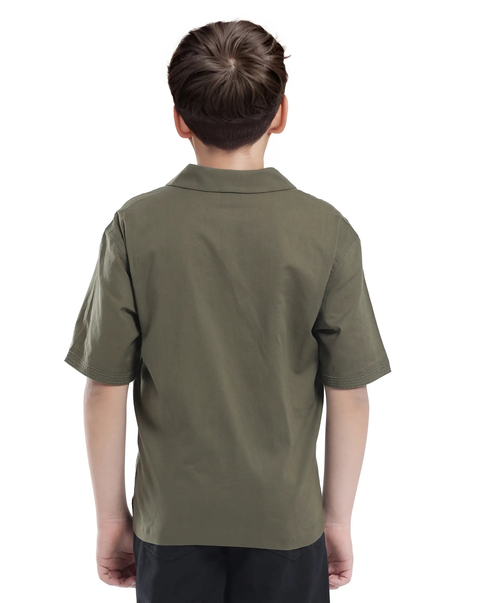 Rare Ones Kids Kyte-S Olive Cotton Blend Half Sleeve Solid Button Closure Regular Fit Shirt