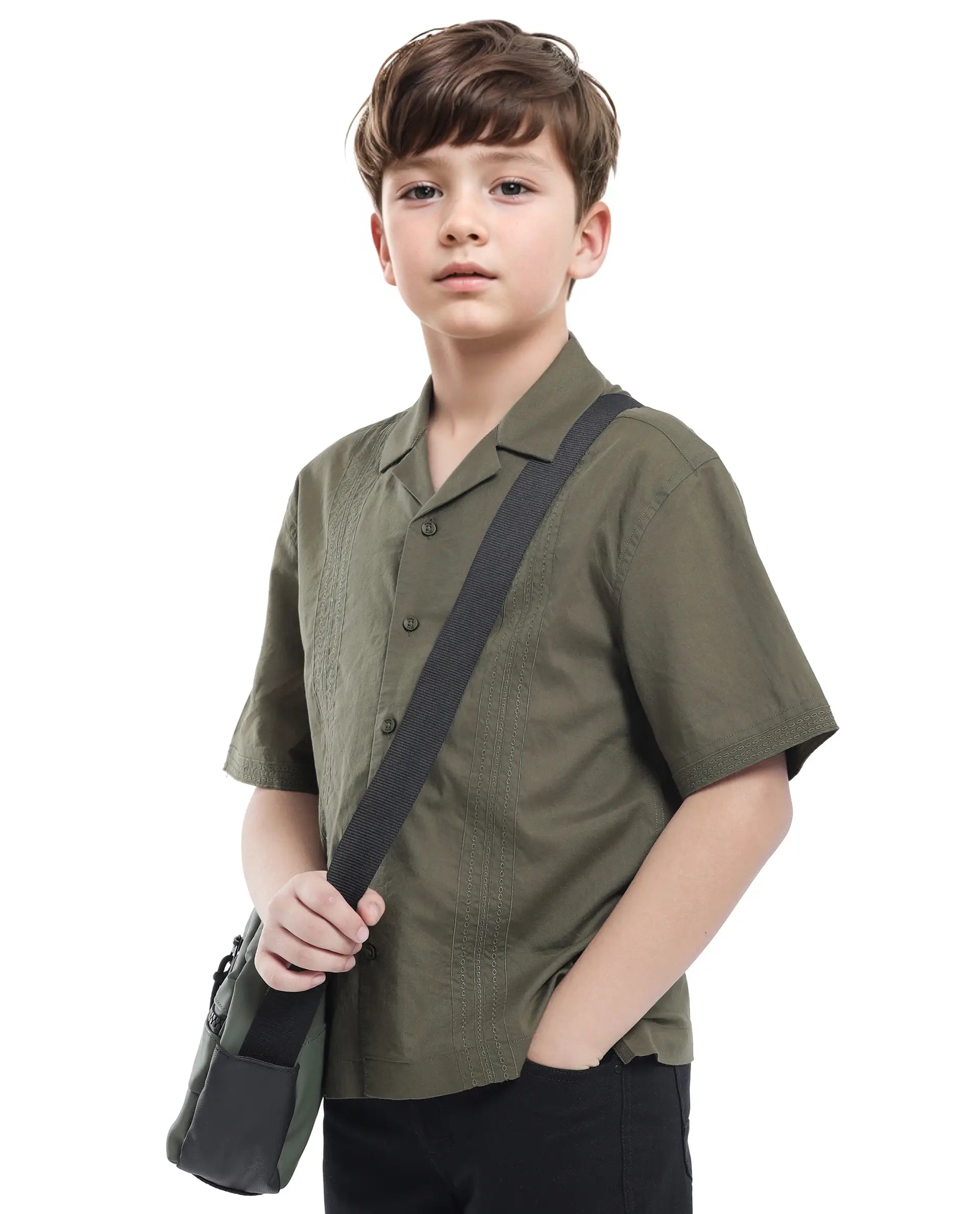 Rare Ones Kids Kyte-S Olive Cotton Blend Half Sleeve Solid Button Closure Regular Fit Shirt