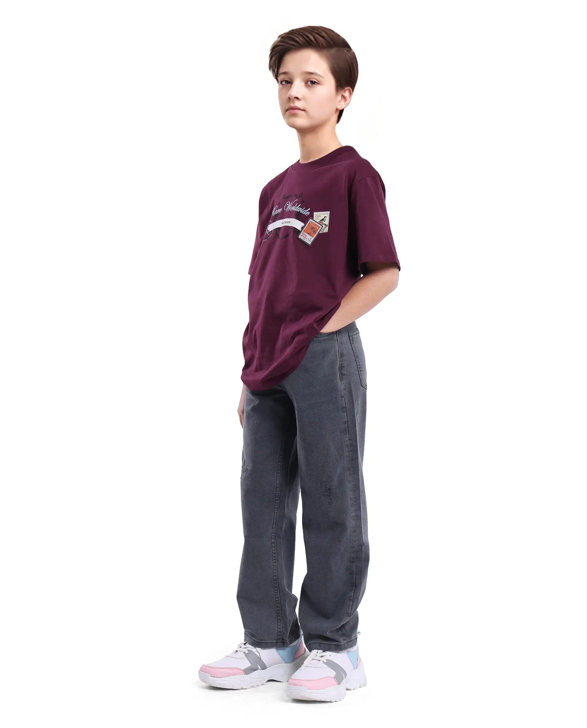 Rare Ones Kids Lea Grey Cotton Solid Button And Zip Closure Wide Leg Fit Jeans
