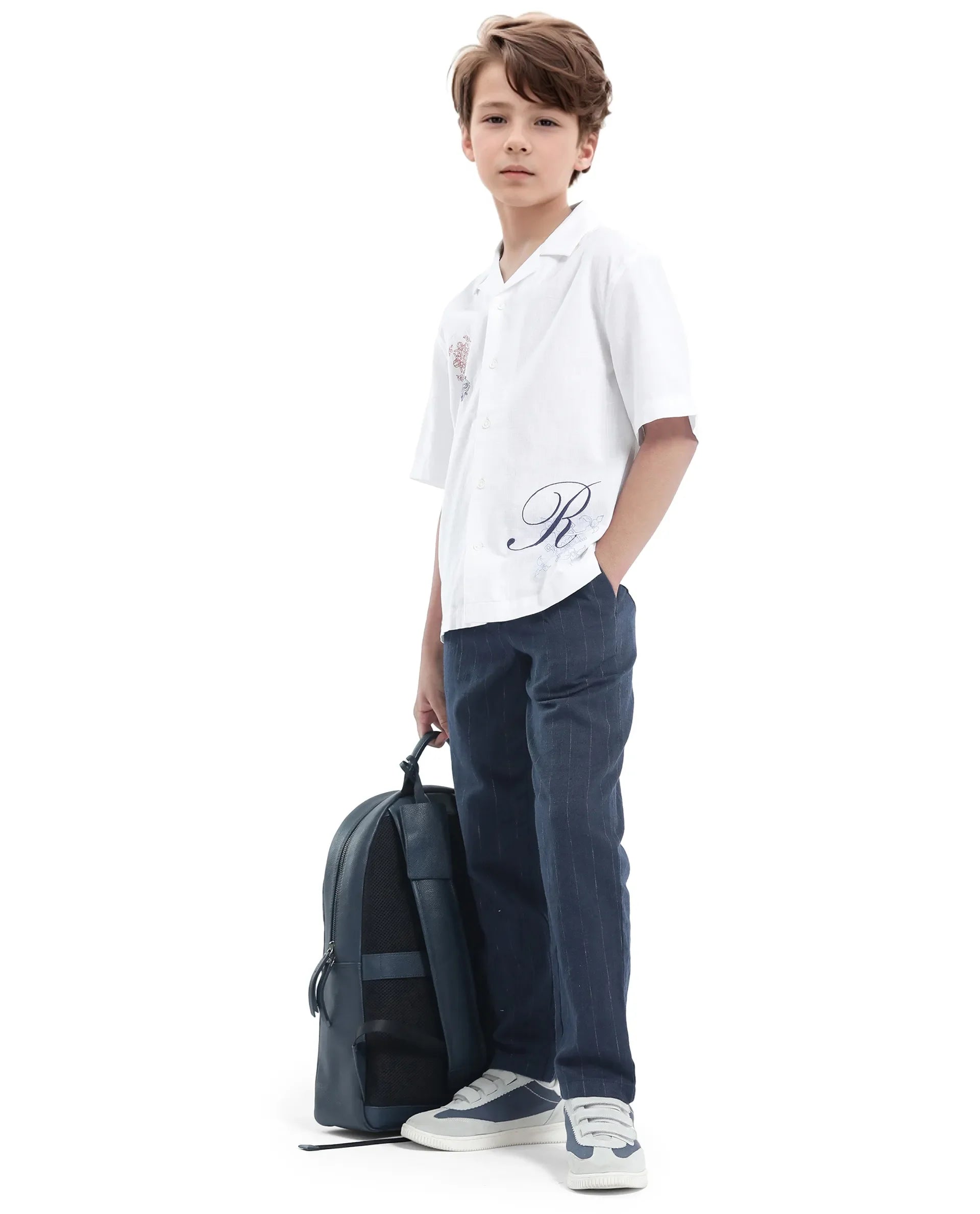 Rare Ones Kids Leo Navy Linen Blend Striped Button & Zip Closure Regular Fit Trouser