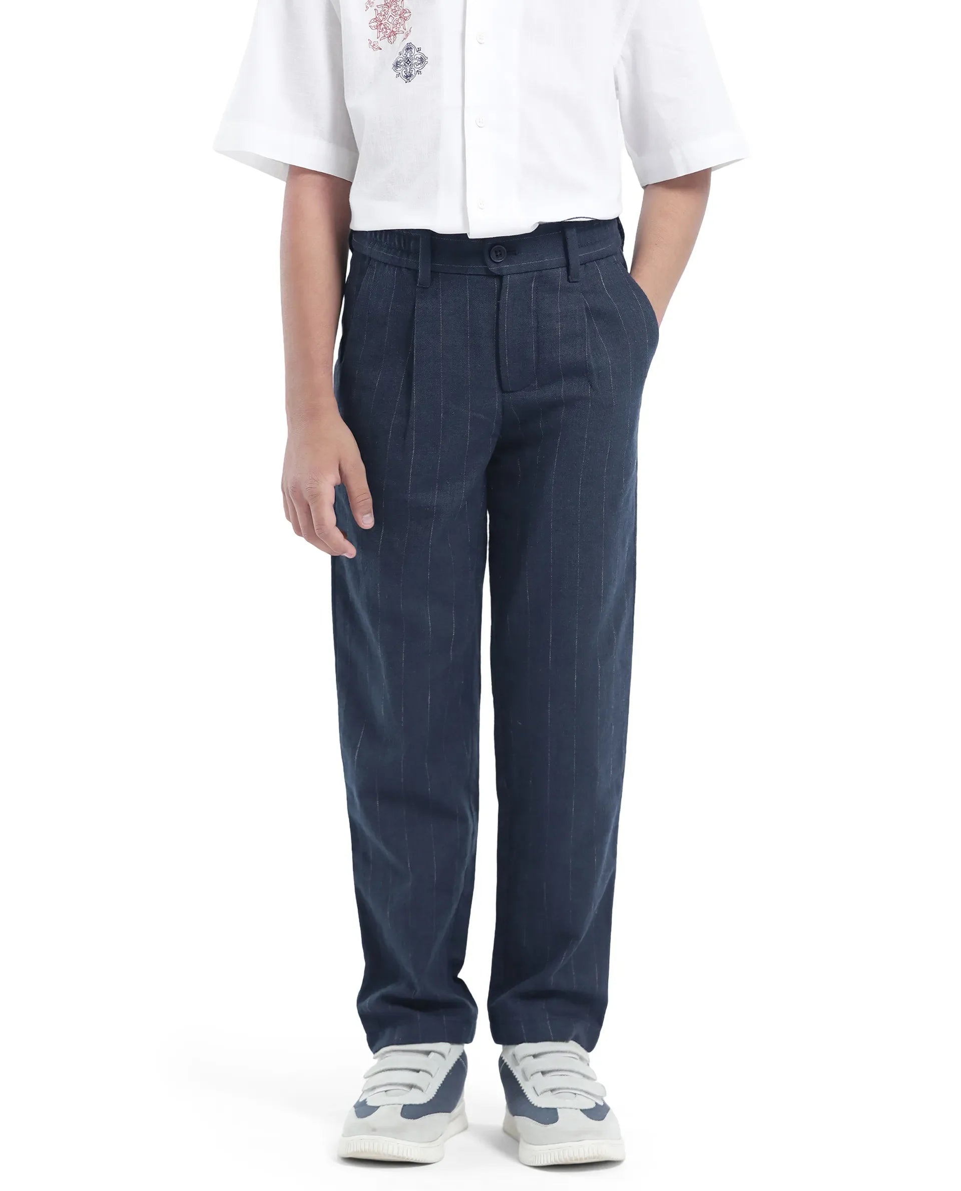Rare Ones Kids Leo Navy Linen Blend Striped Button & Zip Closure Regular Fit Trouser