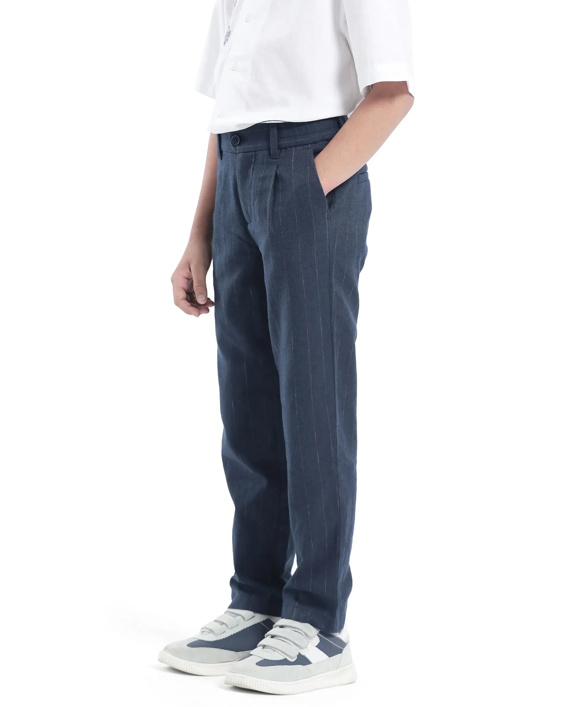 Rare Ones Kids Leo Navy Linen Blend Striped Button & Zip Closure Regular Fit Trouser