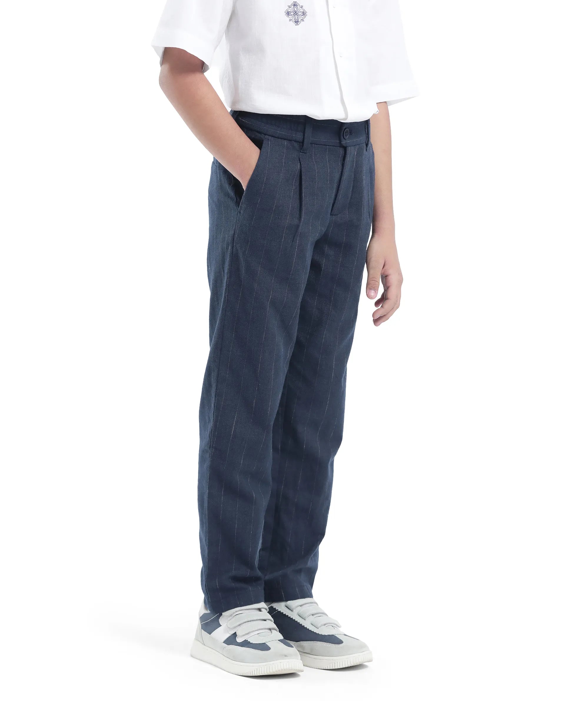 Rare Ones Kids Leo Navy Linen Blend Striped Button & Zip Closure Regular Fit Trouser