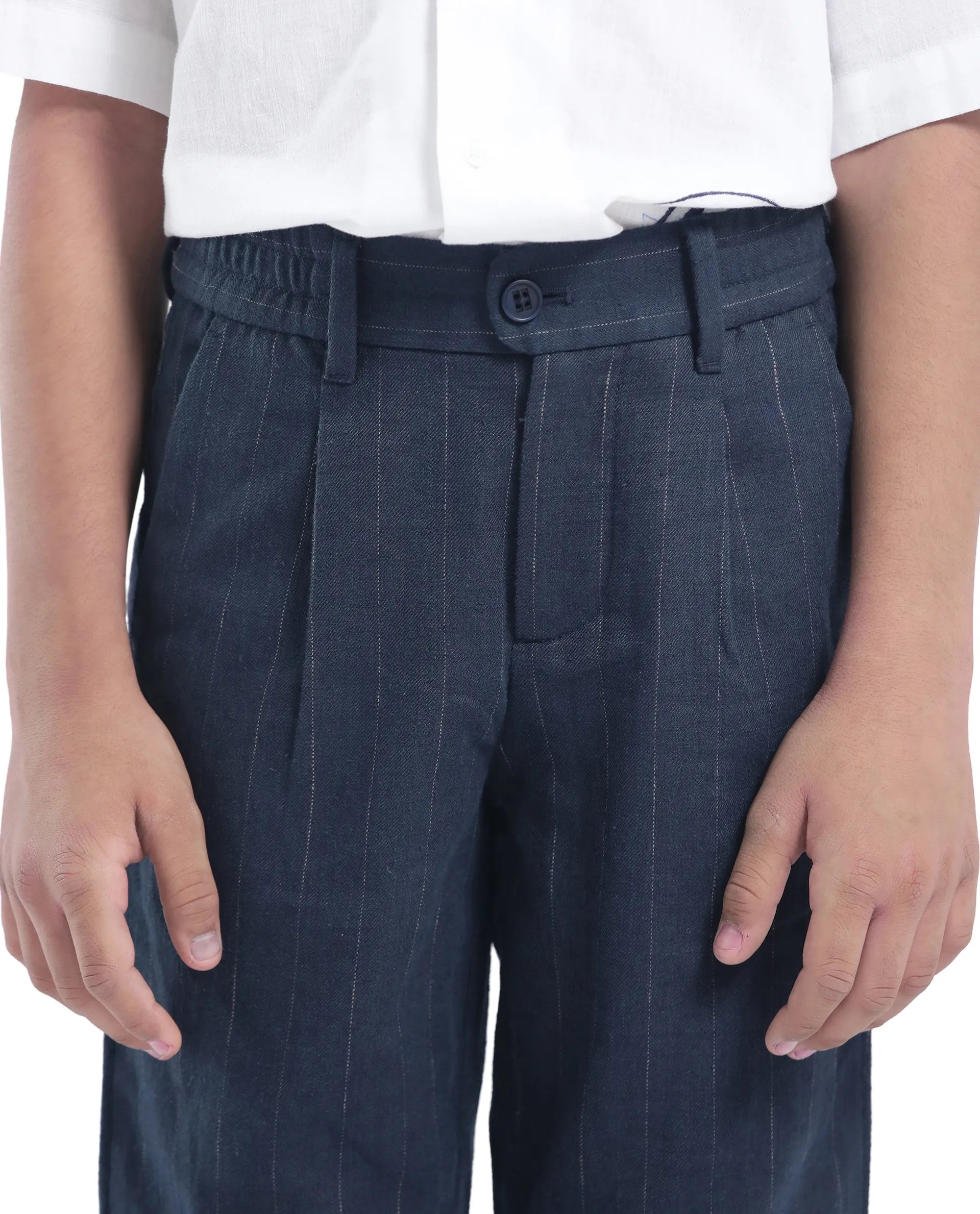 Rare Ones Kids Leo Navy Linen Blend Striped Button & Zip Closure Regular Fit Trouser