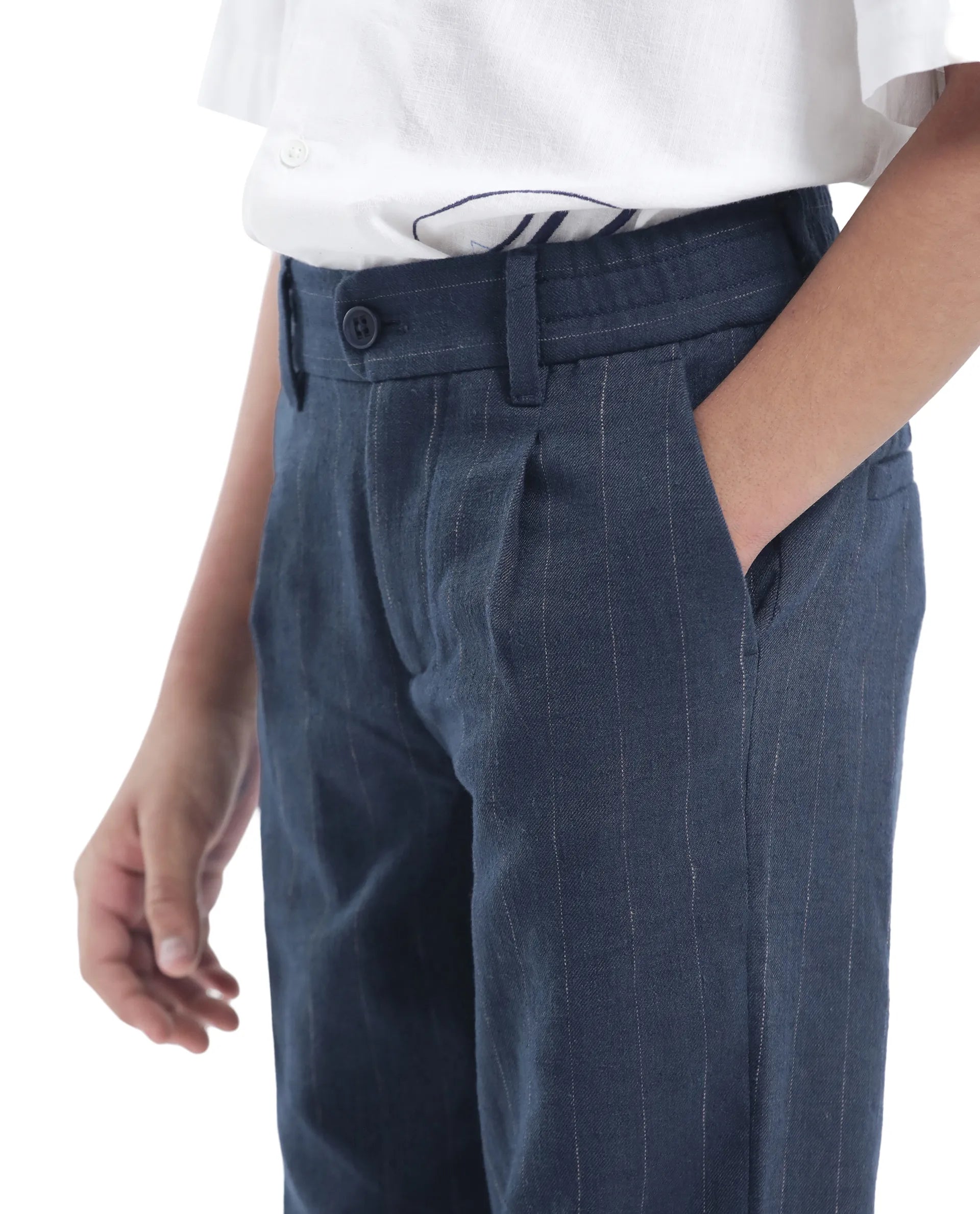 Rare Ones Kids Leo Navy Linen Blend Striped Button & Zip Closure Regular Fit Trouser