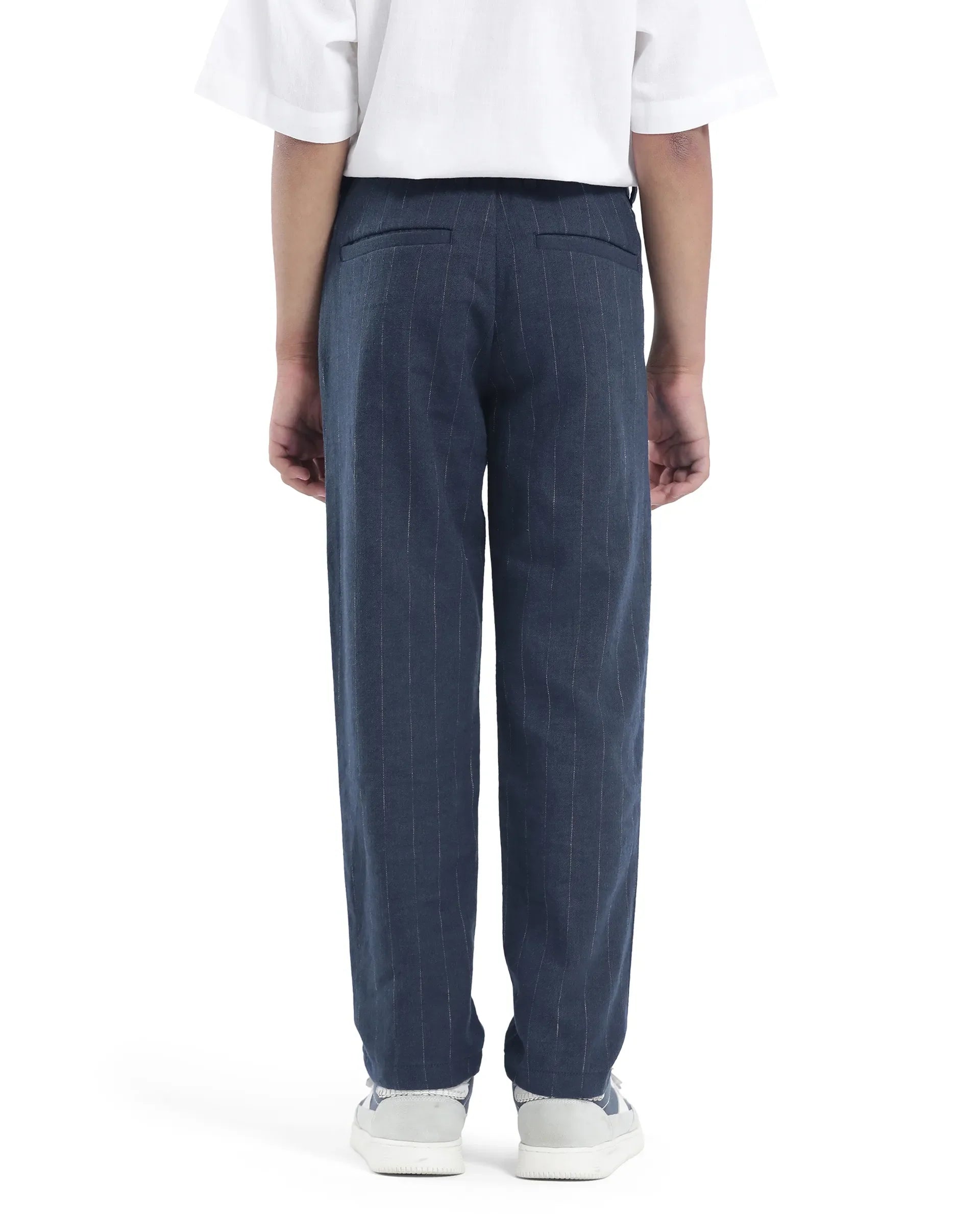Rare Ones Kids Leo Navy Linen Blend Striped Button & Zip Closure Regular Fit Trouser